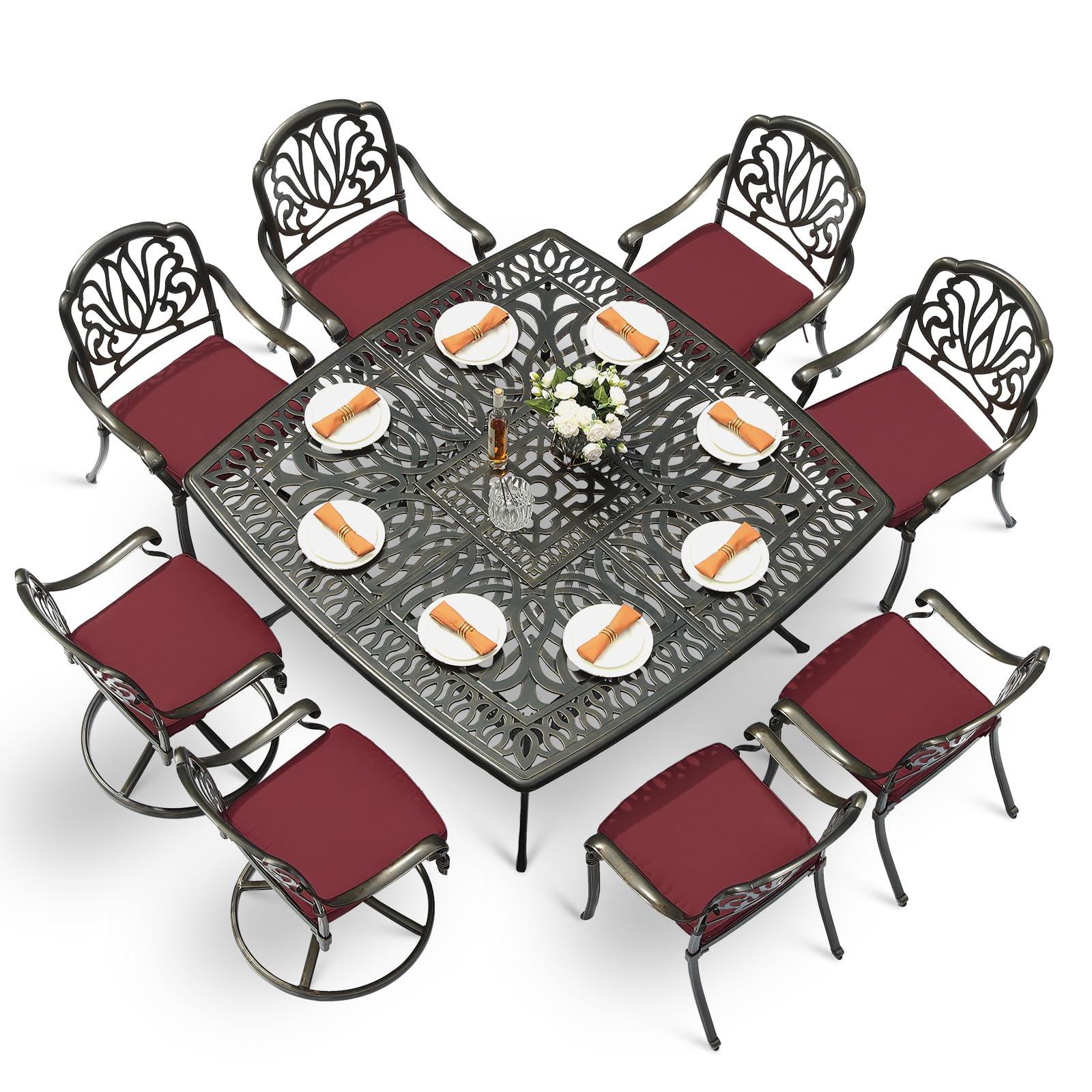9-Piece Outdoor Patio Dining Set For 8, All Weather Cast Aluminum Patio Funiture Table And Chairs Set- Large 64" Square Table And 2 Swivel Rocker Chairs, 6 Stationary Chairs, 2.2" Umbrella Hole