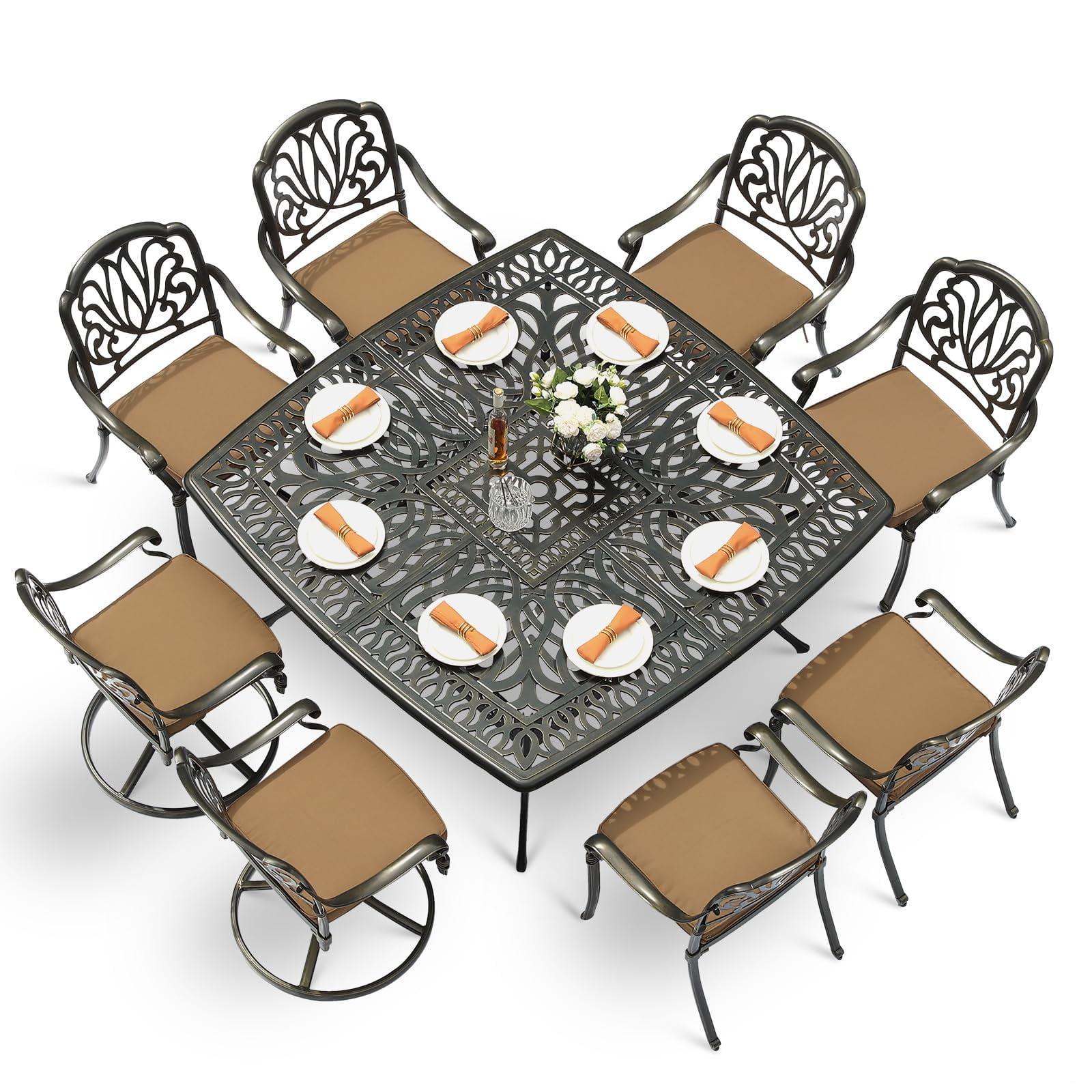 9-Piece Outdoor Patio Dining Set For 8, All Weather Cast Aluminum Patio Funiture Table And Chairs Set- Large 64" Square Table And 2 Swivel Rocker Chairs, 6 Stationary Chairs, 2.2" Umbrella Hole