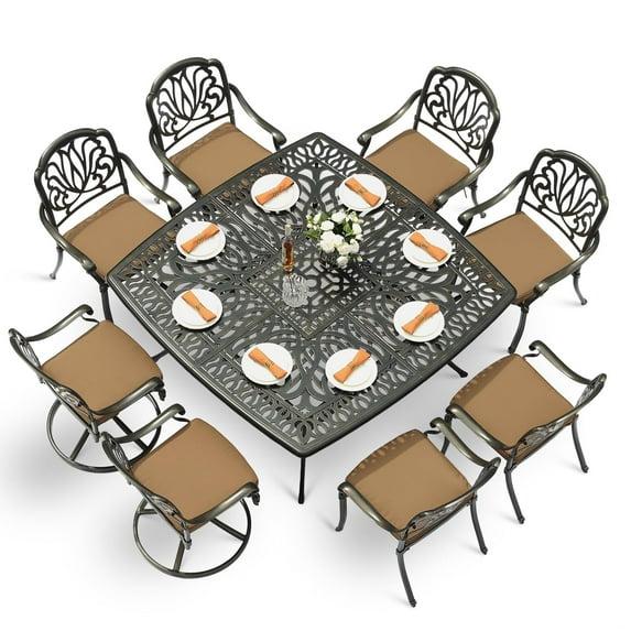 9-Piece Outdoor Patio Dining Set For 8, All Weather Cast Aluminum Patio Funiture Table And Chairs Set- Large 64" Square Table And 2 Swivel Rocker Chairs, 6 Stationary Chairs, 2.2" Umbrella Hole