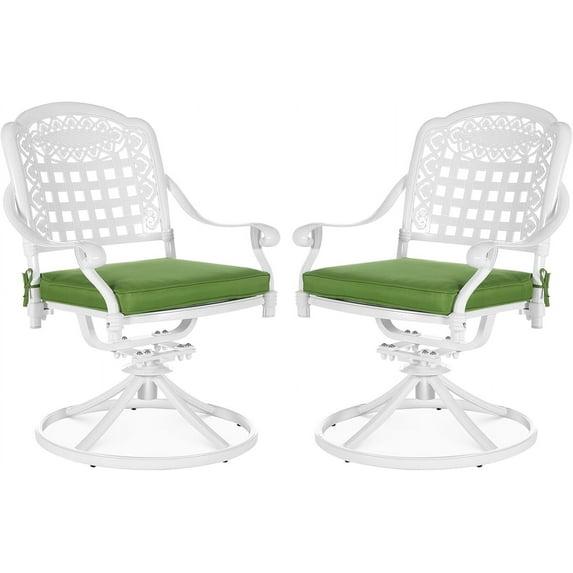 VIVIJASON Vivijason Patio Swivel Dining Chairs Set Of 2, All Weather Cast Aluminum Outdoor Dining Rocker Chairs, Patio Furniture Chair Set With Cushion For Balcony, Lawn, Garden, Backyard, White/green Cushion