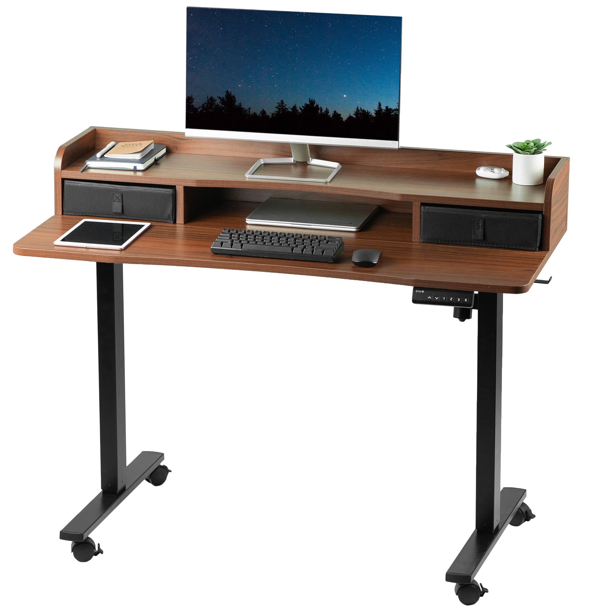 Dark Walnut and Black Adjustable Height Standing Desk with Drawer