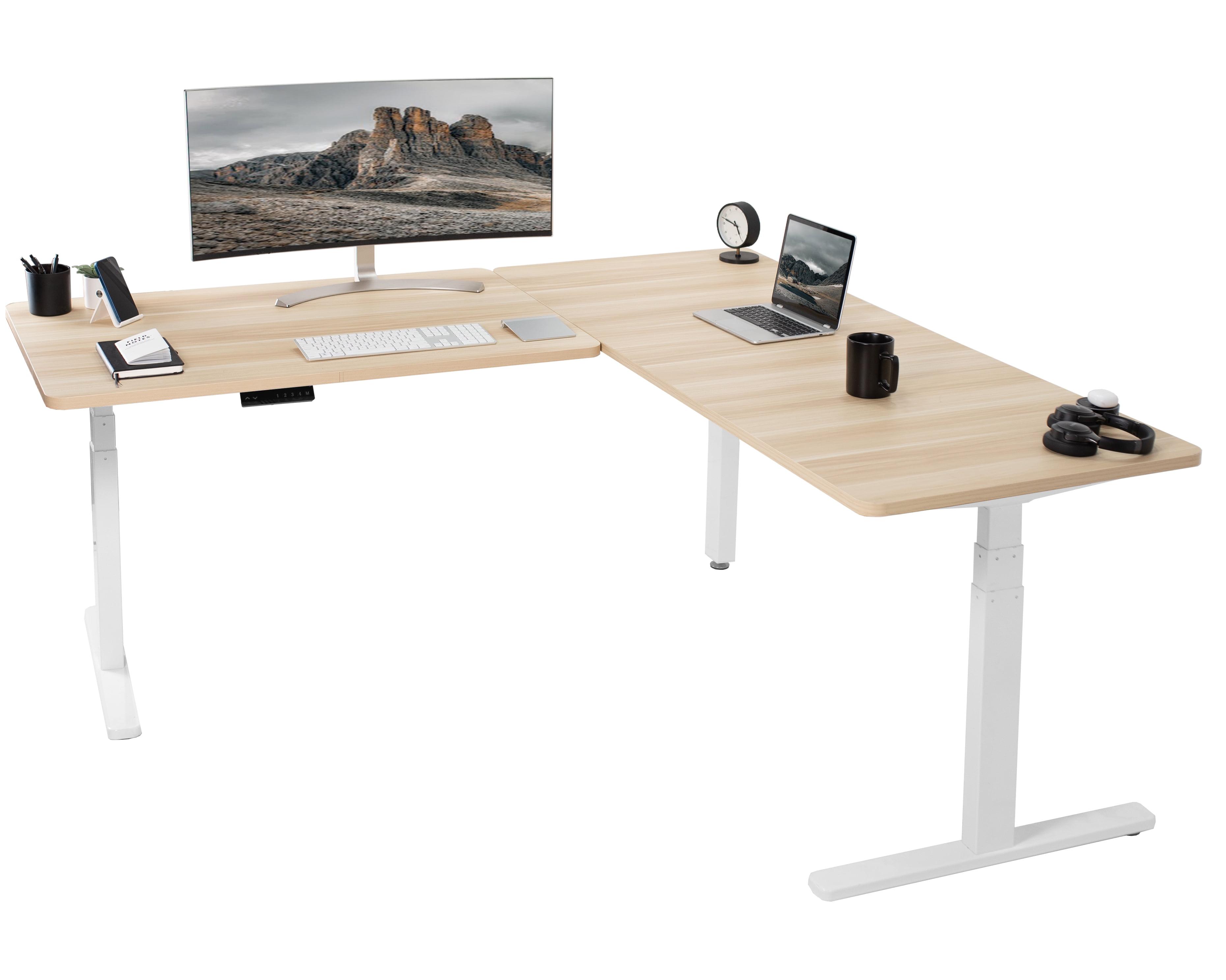 Electric Adjustable Corner Desk in Light Wood & White, 77" x 71"