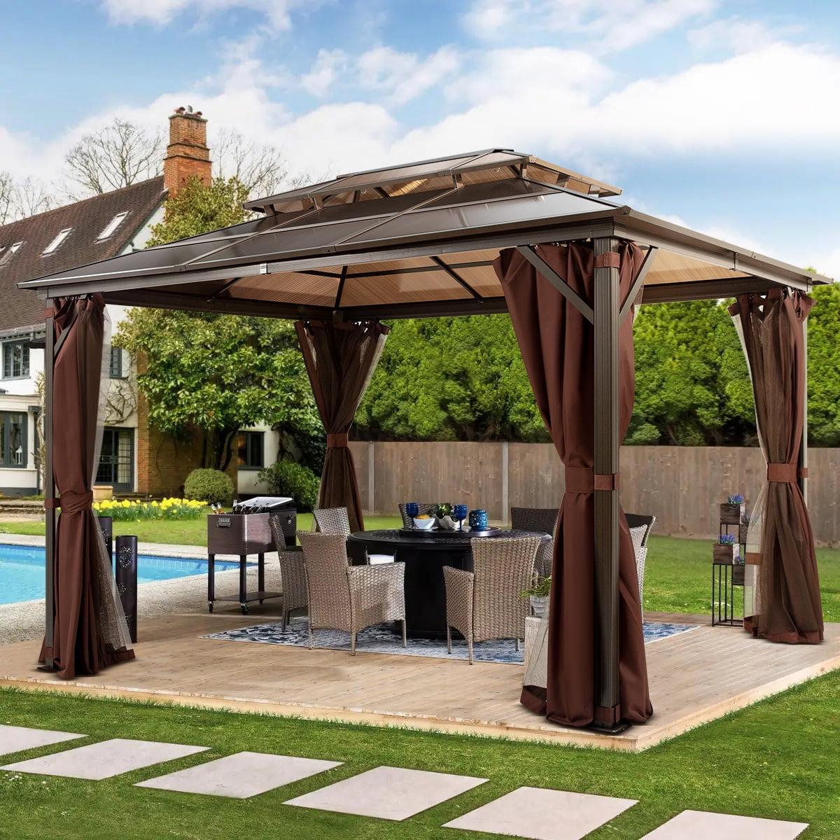 10' x 13' Brown Aluminum Frame Hardtop Gazebo with Curtains