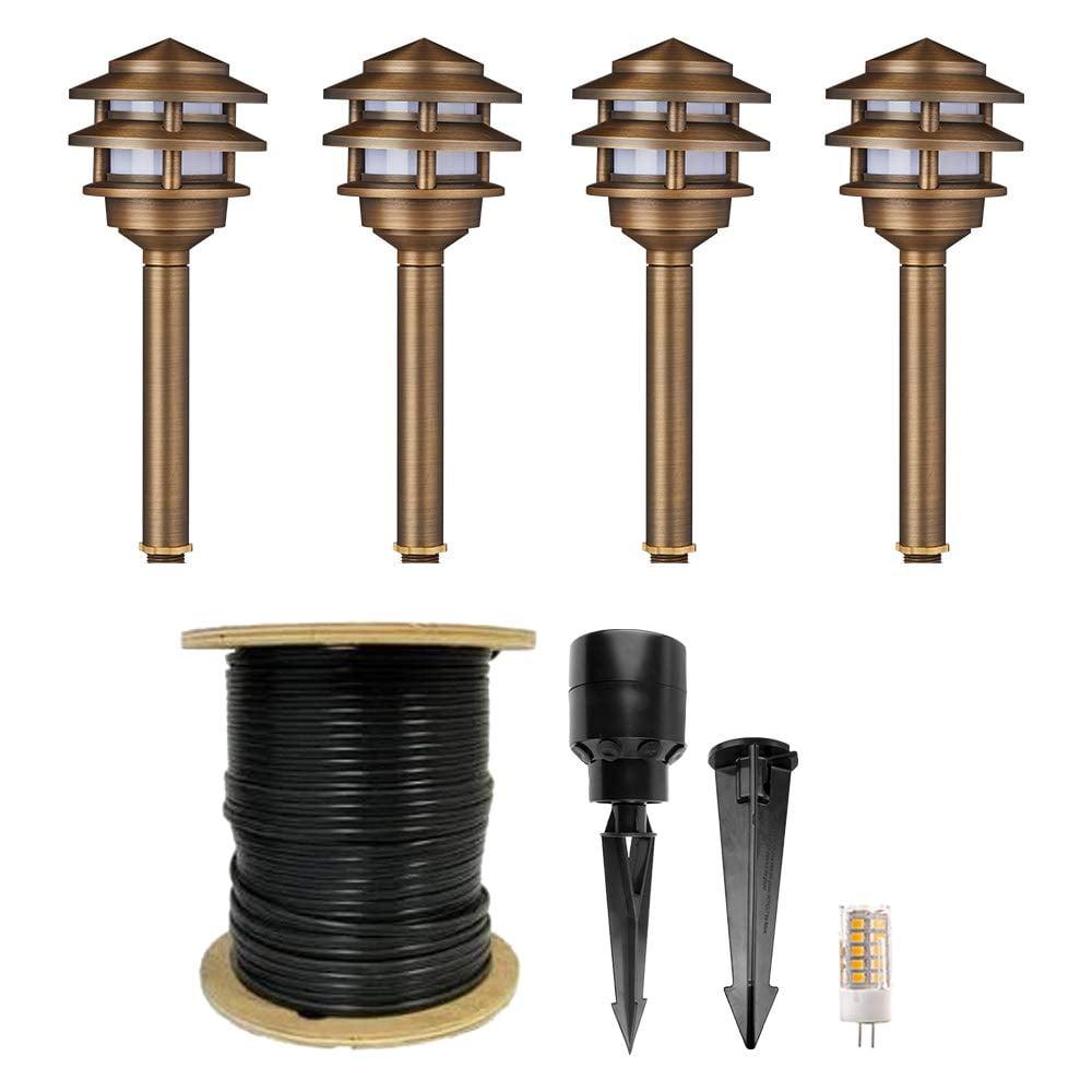 Bronze Brass Pagoda LED Path Light Kit, 4-Pack