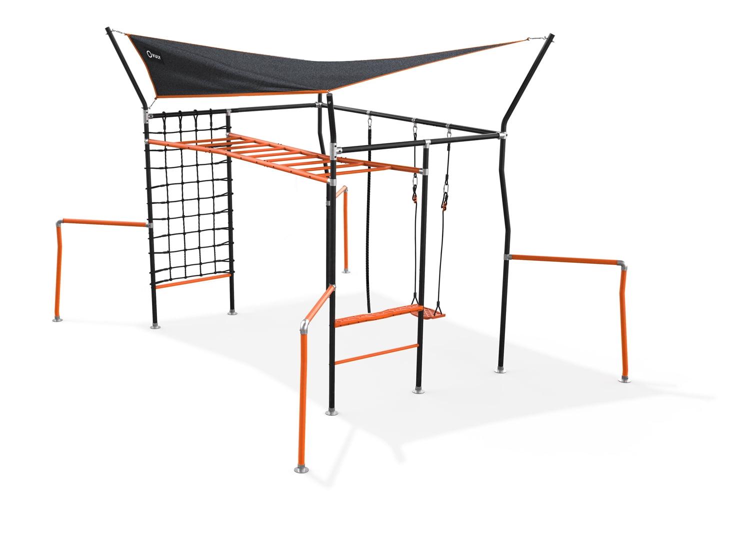 VULY Family Quest Monkey Bars Large Ninja Warrior Playset with Shade Cover, Cargo Net, Gym Rope, Bounce Swing