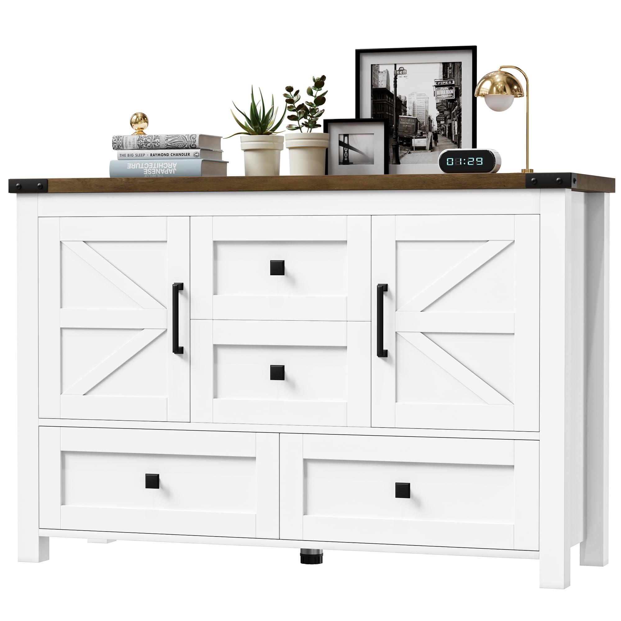 Gracie Oaks Farmhouse Dresser For Bedroom With 4 Drawers And 2 Barn Doors, Wood Chest Of Drawers 47 Inch Wide, Large, Long, Adjustable Shelves, 5 Legs, Living Dining Room, Entryway, Hallway