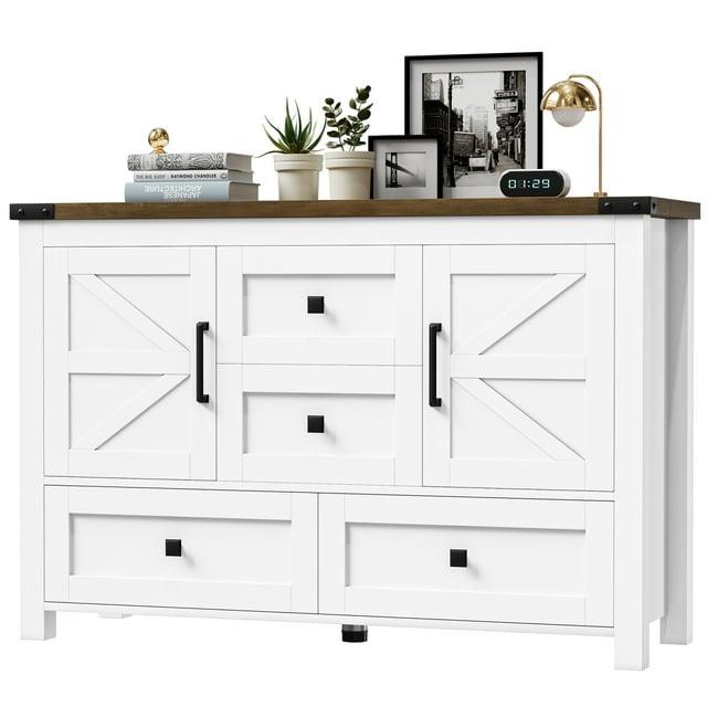 Gracie Oaks Farmhouse Dresser For Bedroom With 4 Drawers And 2 Barn Doors, Wood Chest Of Drawers 47 Inch Wide, Large, Long, Adjustable Shelves, 5 Legs, Living Dining Room, Entryway, Hallway