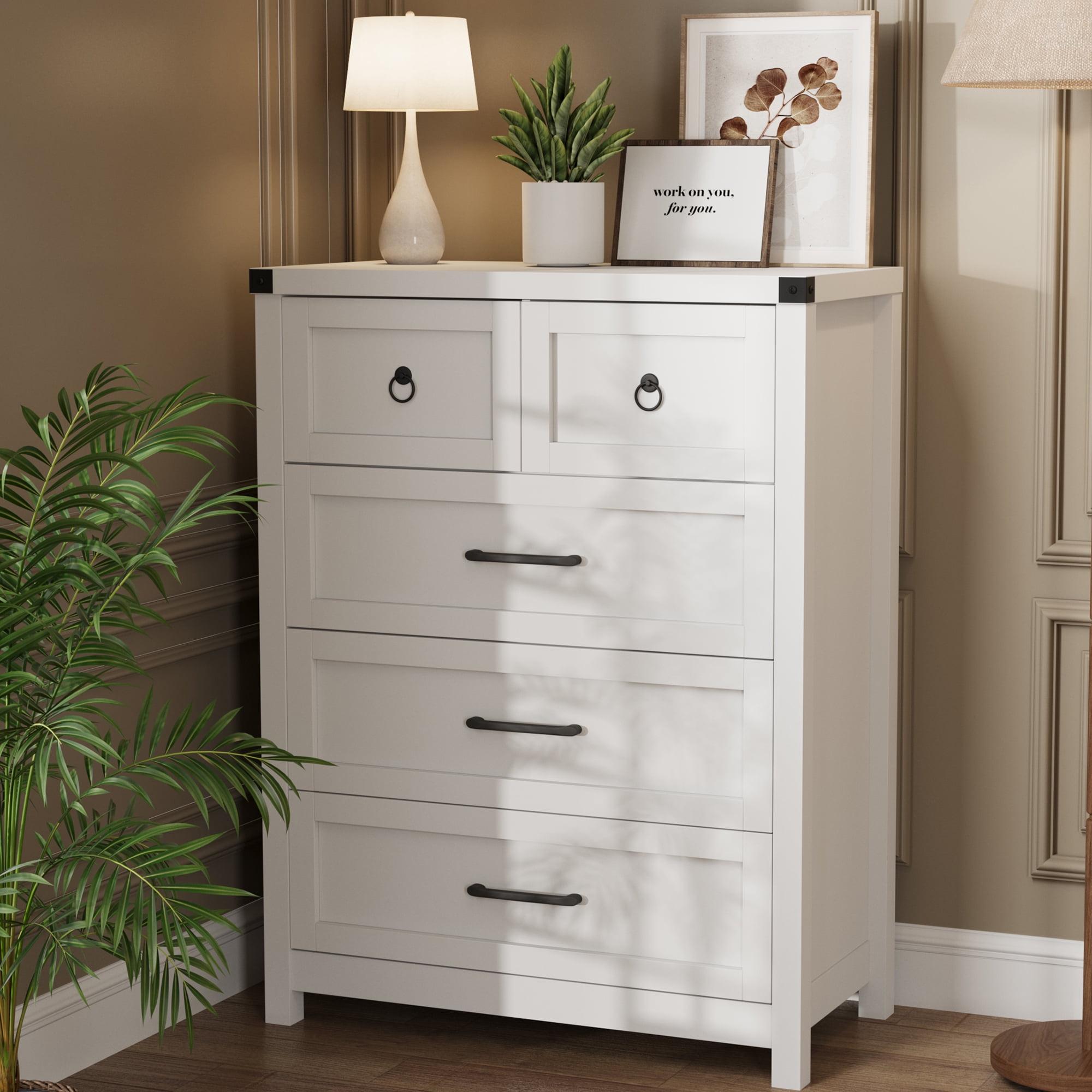 White Farmhouse Tall 5-Drawer Dresser with Metal Handles