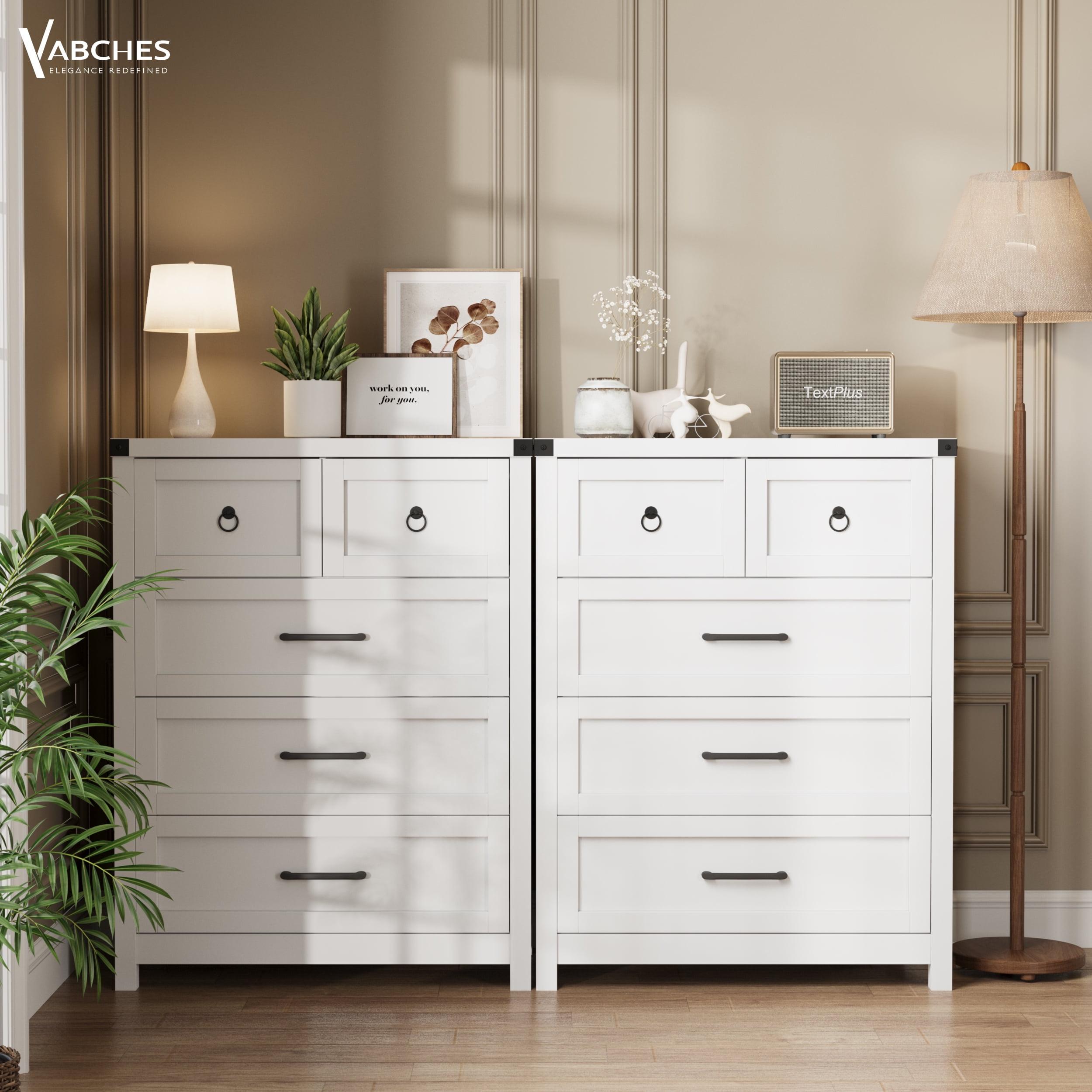 Vabches 5 Drawer Dressers, Tall Chest of Drawers White Dresser for Bedroom Entryway Living Room, White Finish