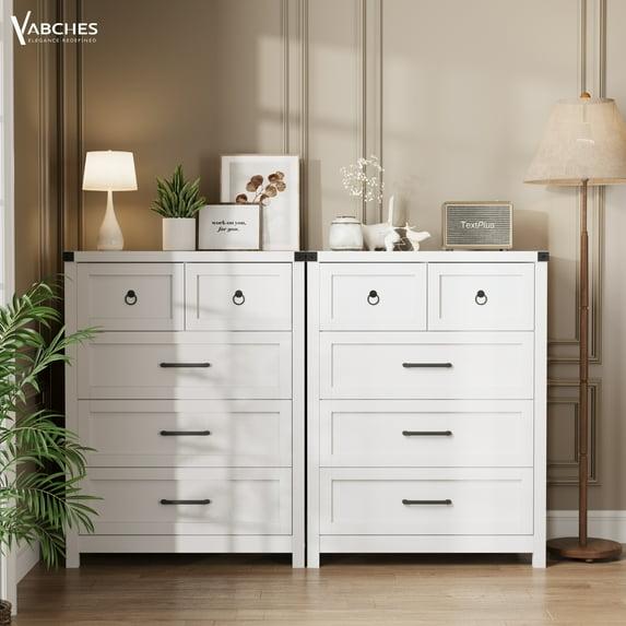Vabches 5 Drawer Dressers, Tall Chest of Drawers White Dresser for Bedroom Entryway Living Room, White Finish
