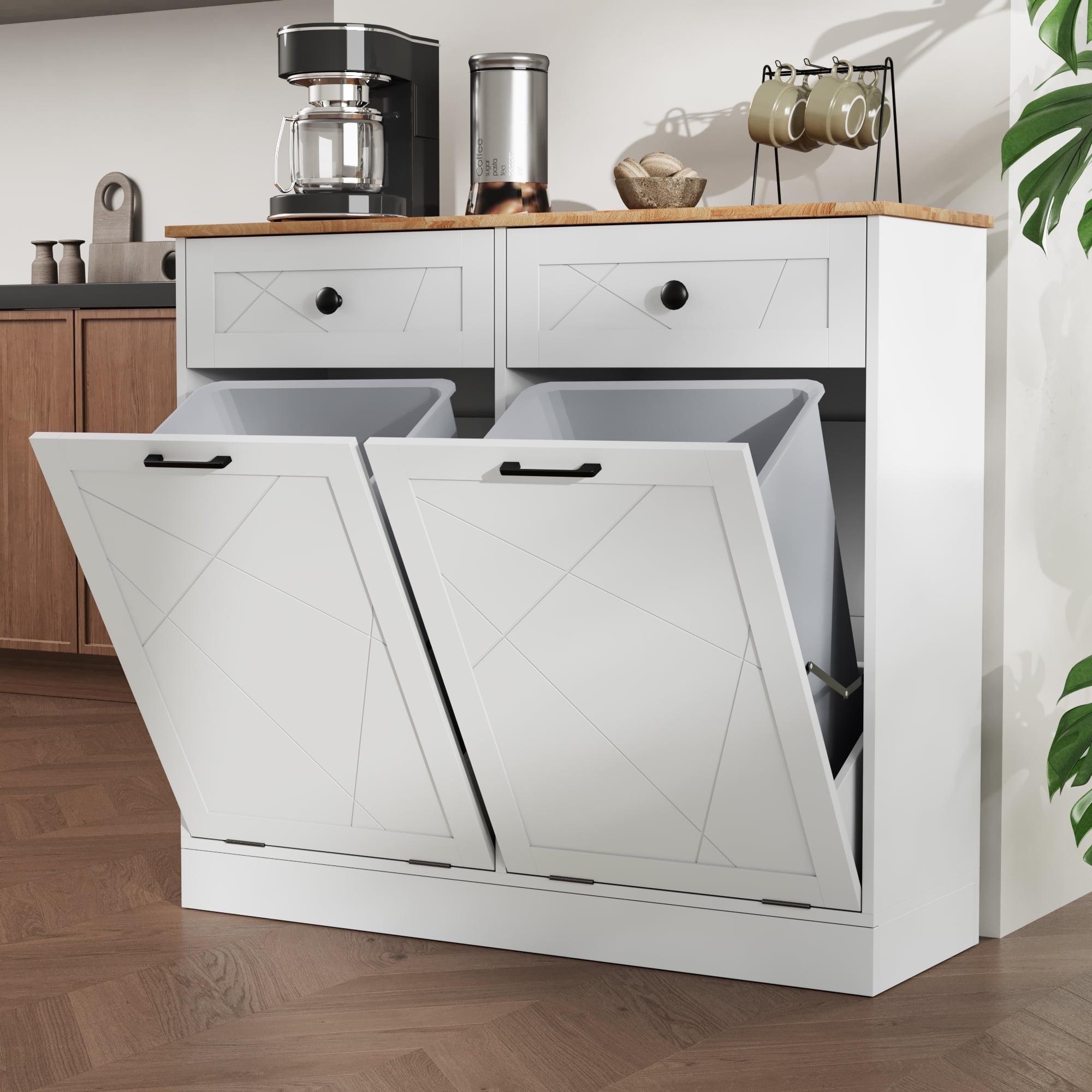 White Dual Tilt Out Trash Cabinet with Rubberwood Top