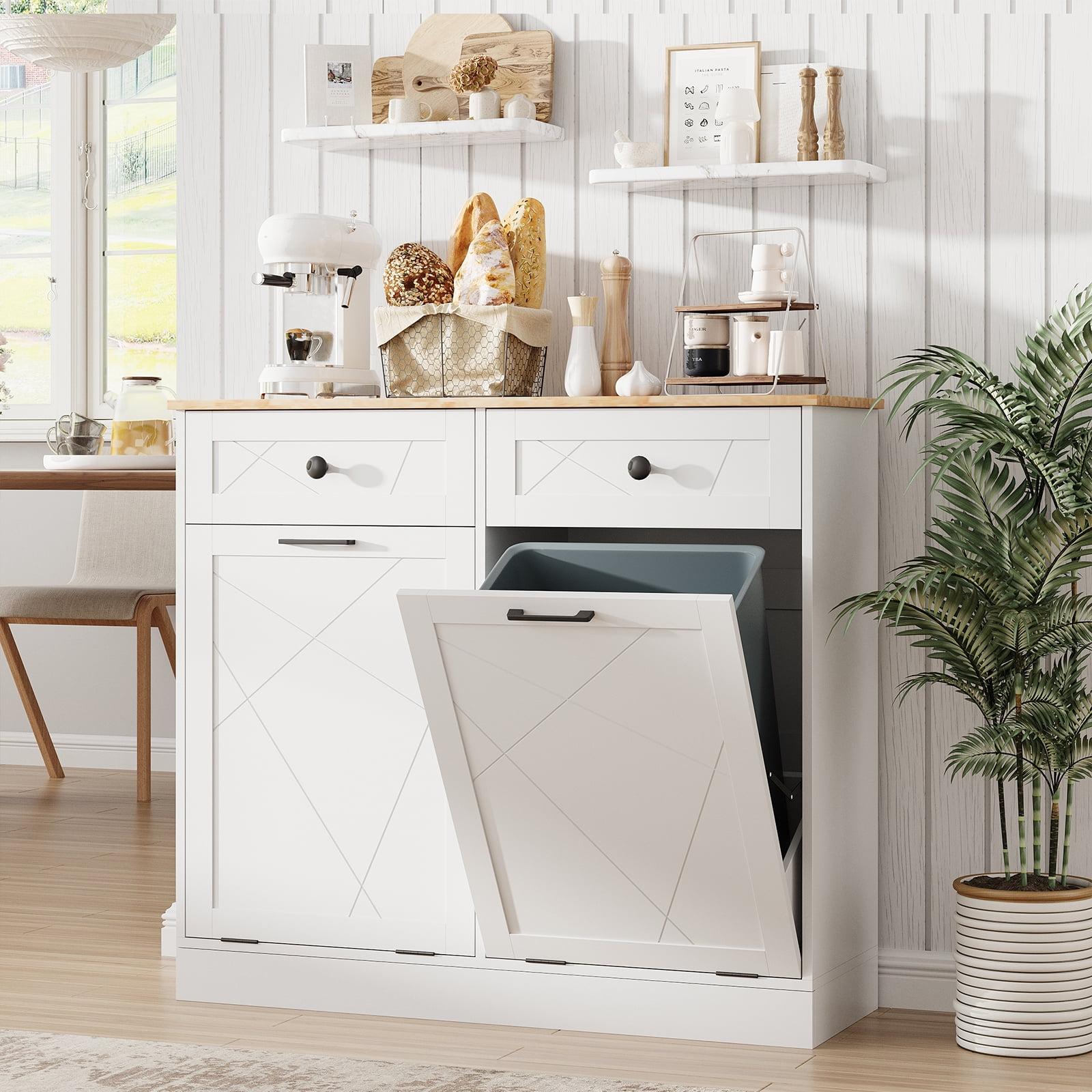 Vabches Kitchen Dual Tilt Out Trash Cabinet , Wood 10 Gal Garbage Cans Holder Drawers, White (Without Trash Bin)
