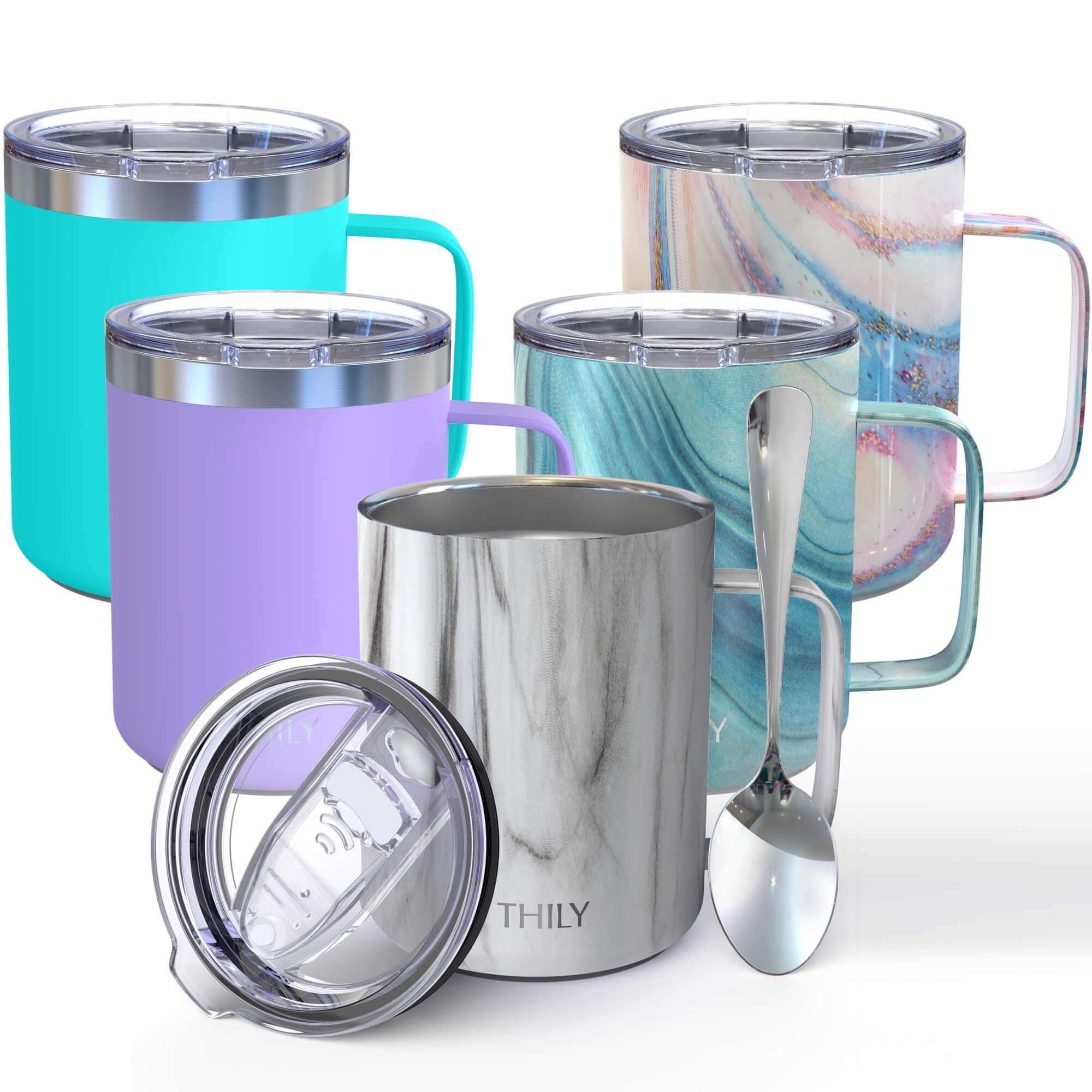 Vacuum Insulated Travel 12 oz Coffee Mug with Handle, THILY Stainless Steel Cup with Spill-Proof Lid, Keep Coffee Cold, Great for Camping, White Marble