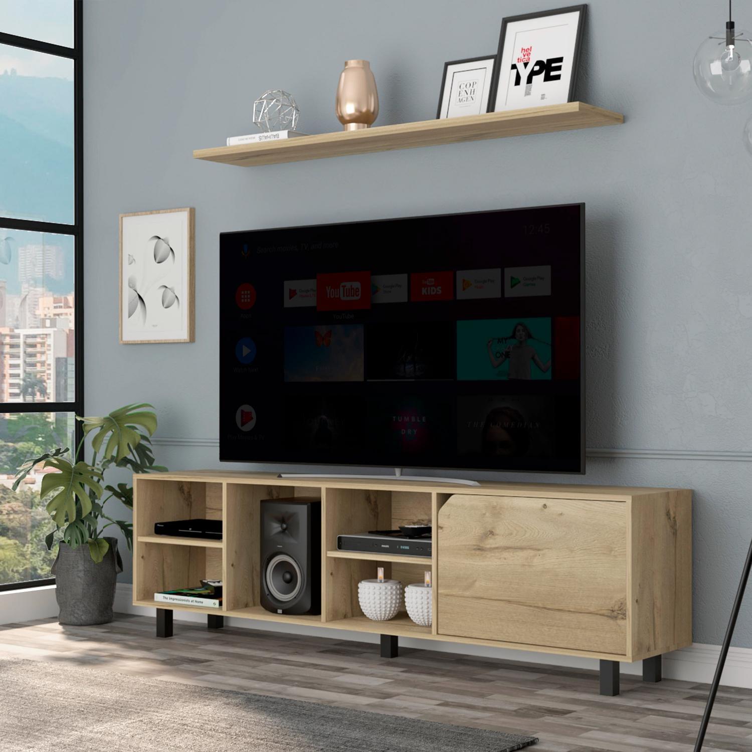 Valdivia Tv Stand for TV´s up 70", Four Open Shelves, Five Legs Light Oak