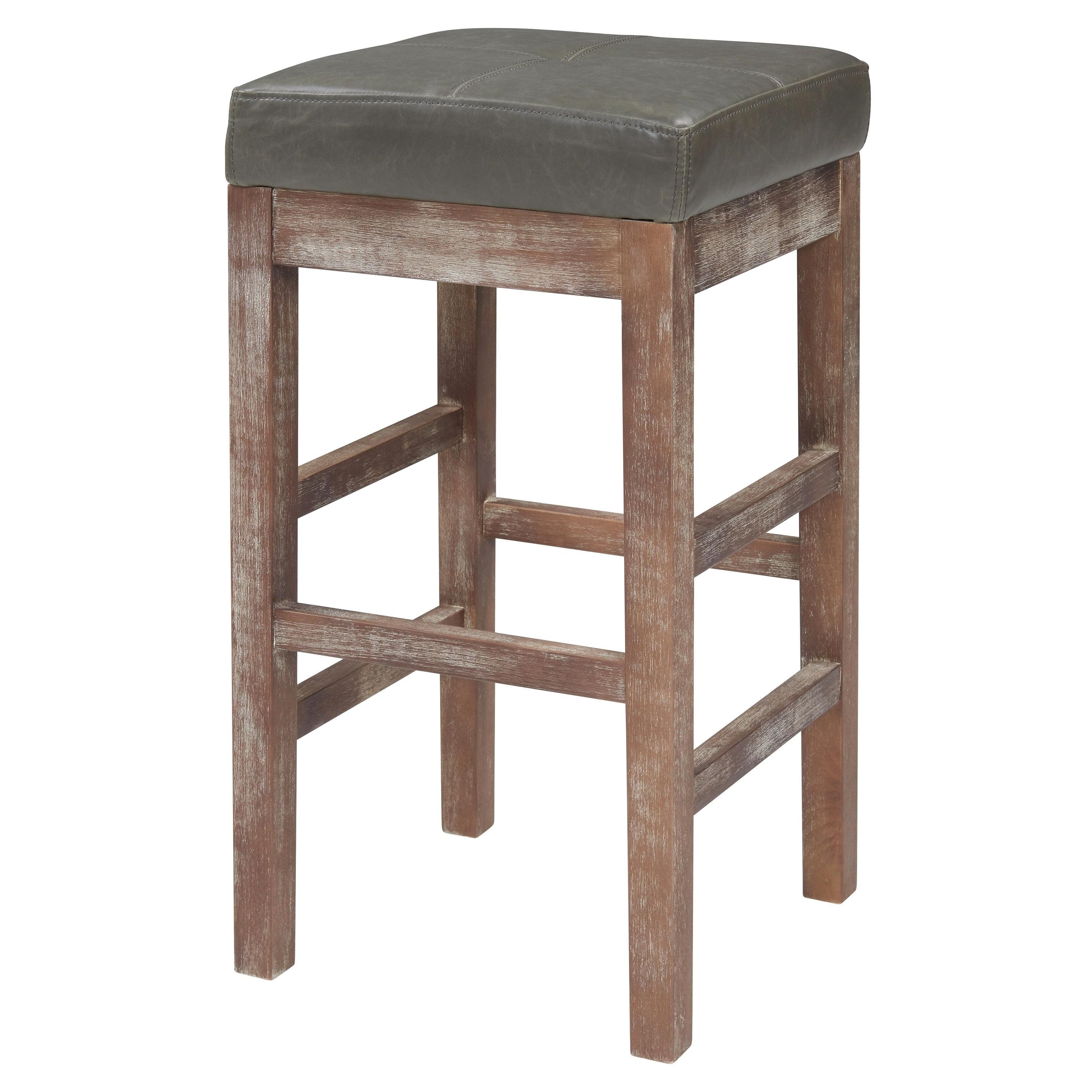 Vintage Gray Adjustable Backless Leather & Wood Counter Stool