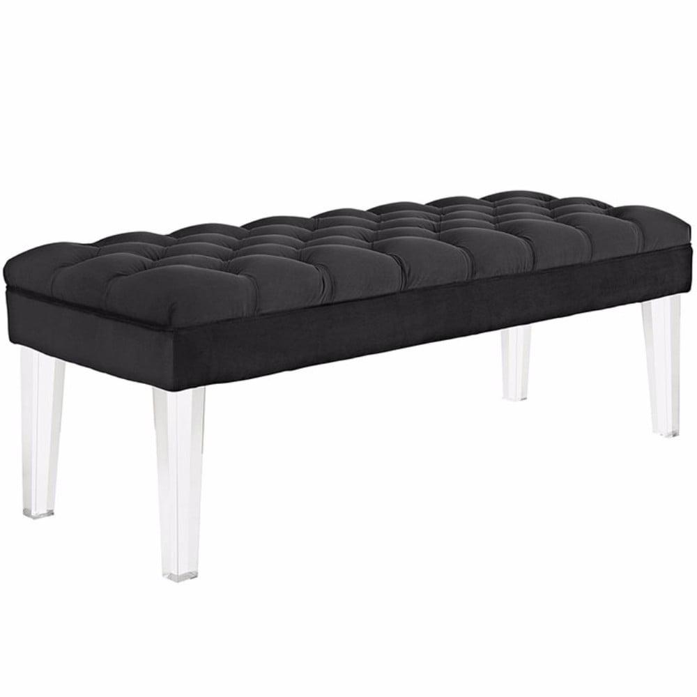 Valet Luxe Button-Tufted Black Velvet Bench with Clear Acrylic Legs