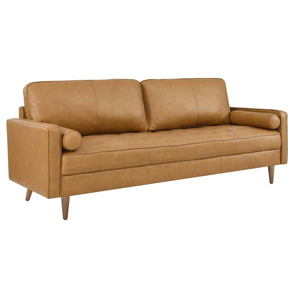 Tan Tufted Leather Sofa with Ottoman and Wood Legs