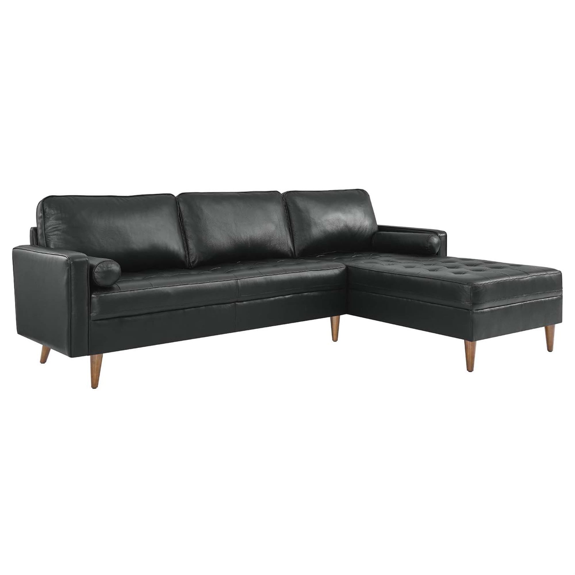 Valour Black Tufted Faux Leather Sectional Sofa with Wood Legs