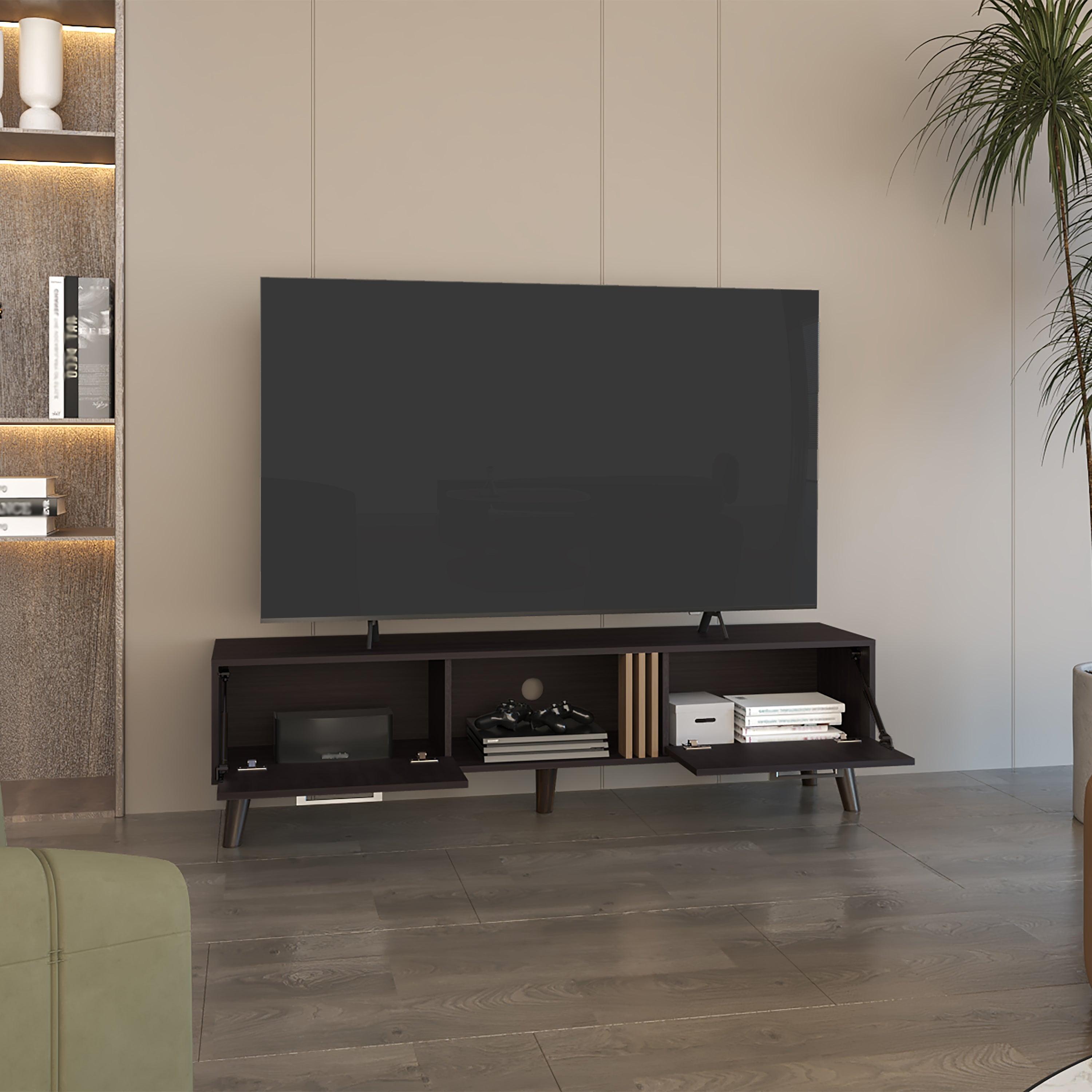 Vance 63" Wide Tv Stand with Two pull down Cabinets, Two Shelves, Cable Management , Living Room, Tv Room Black Wengue - Light Oak