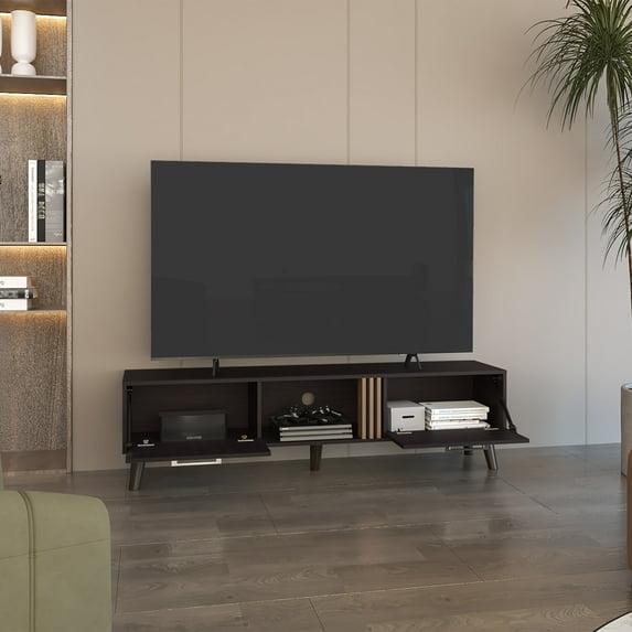 Vance 63" Wide Tv Stand with Two pull down Cabinets, Two Shelves, Cable Management , Living Room, Tv Room Black Wengue - Light Oak