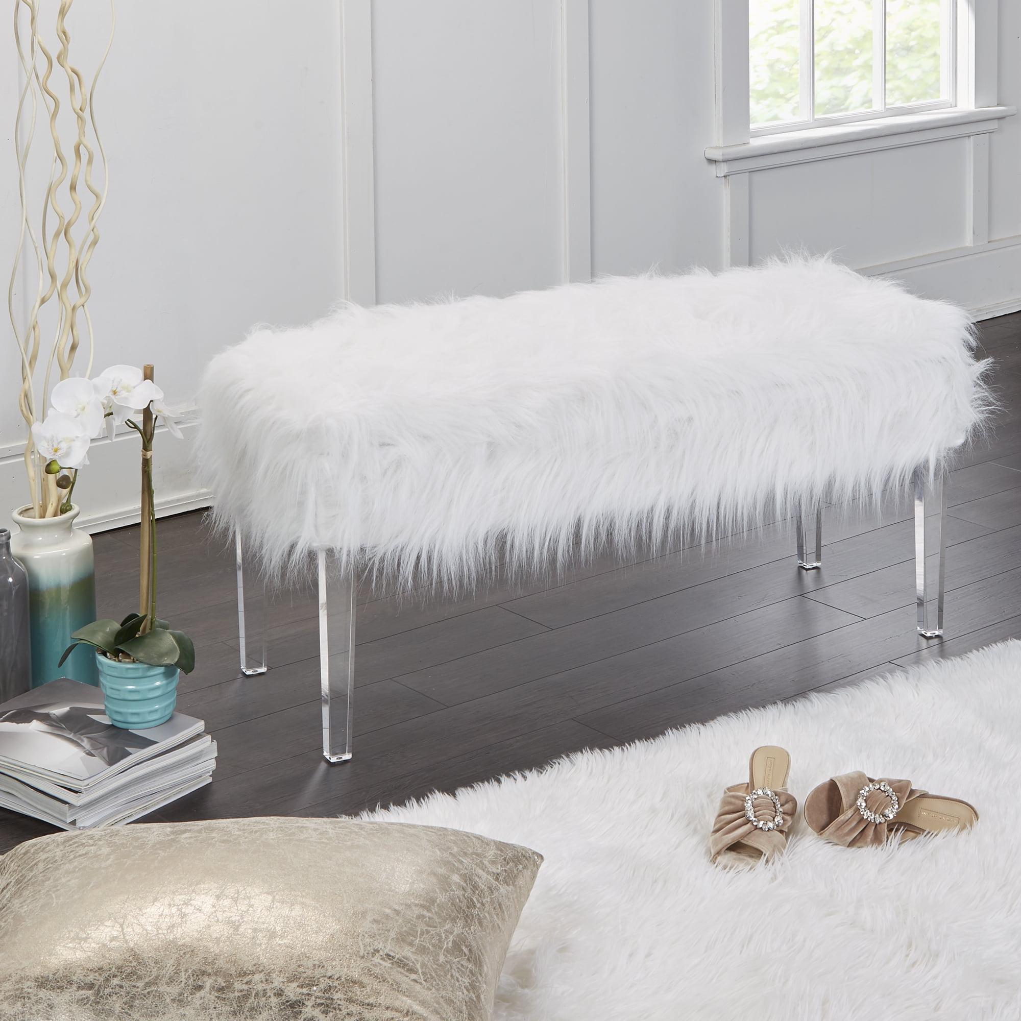Vanessa Faux Fur and Glass Vanity Storage Bench, White Finish
