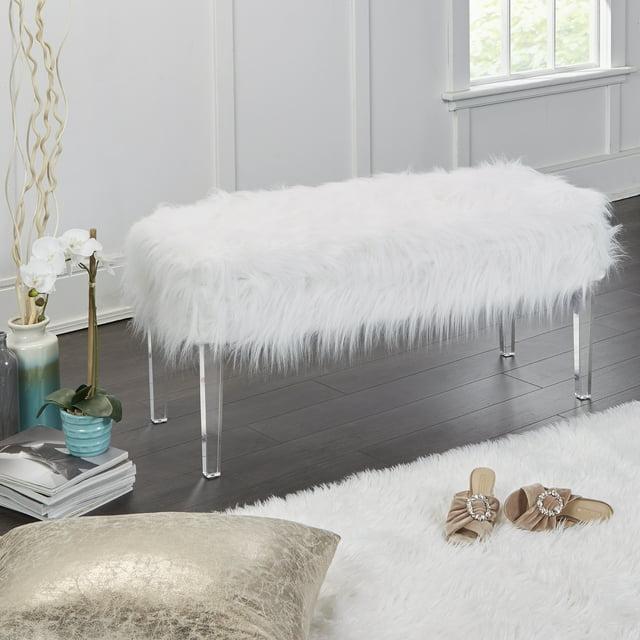 Vanessa Faux Fur and Glass Vanity Storage Bench, White Finish