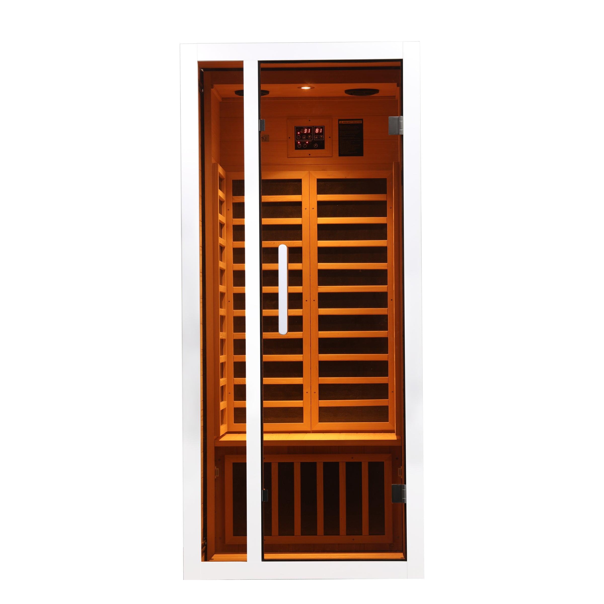 White Hemlock Wood 1-Person Extendable Infrared Sauna with Bluetooth