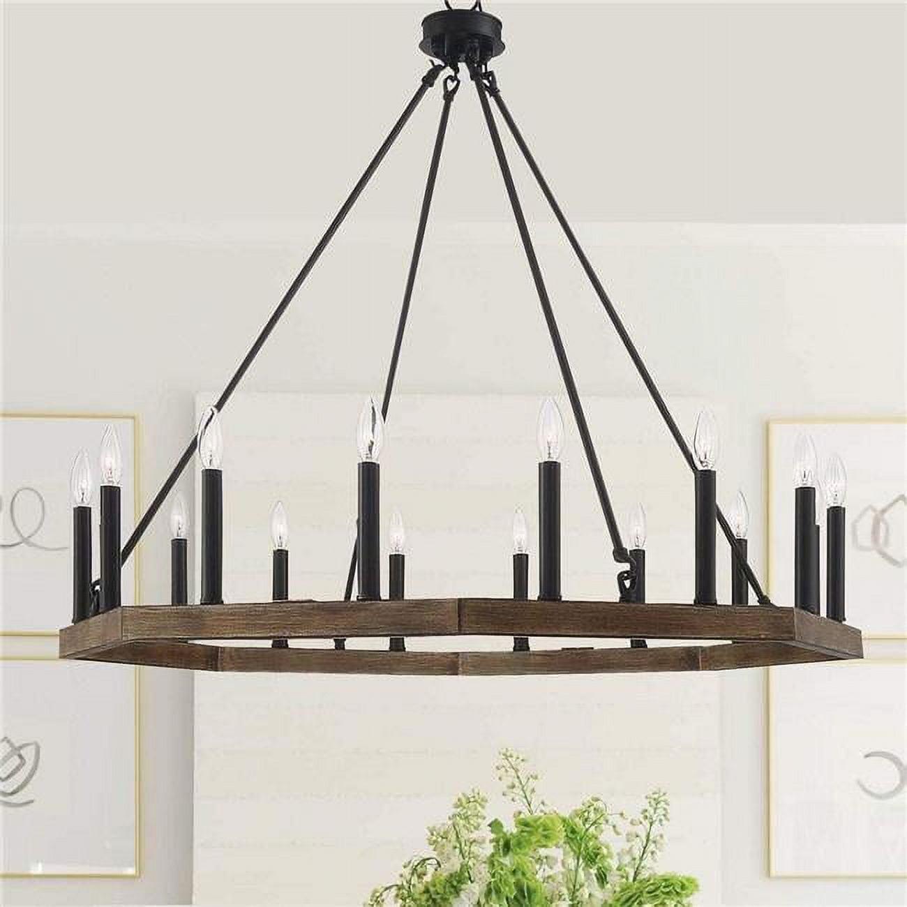 Octagonal Modern Black Metal 16-Light Wagon Wheel Chandelier