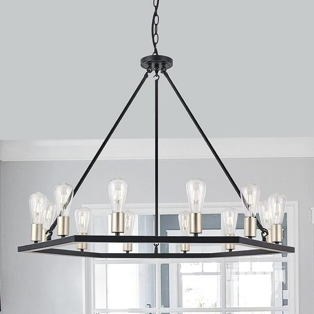 Vanity Art 12 Lights Wagon Wheel Chandelier Lighting Farmhouse Candle Ceiling Light Fixtures for Living Room Kitchen Dining Room MLT3112LT-BD-BK