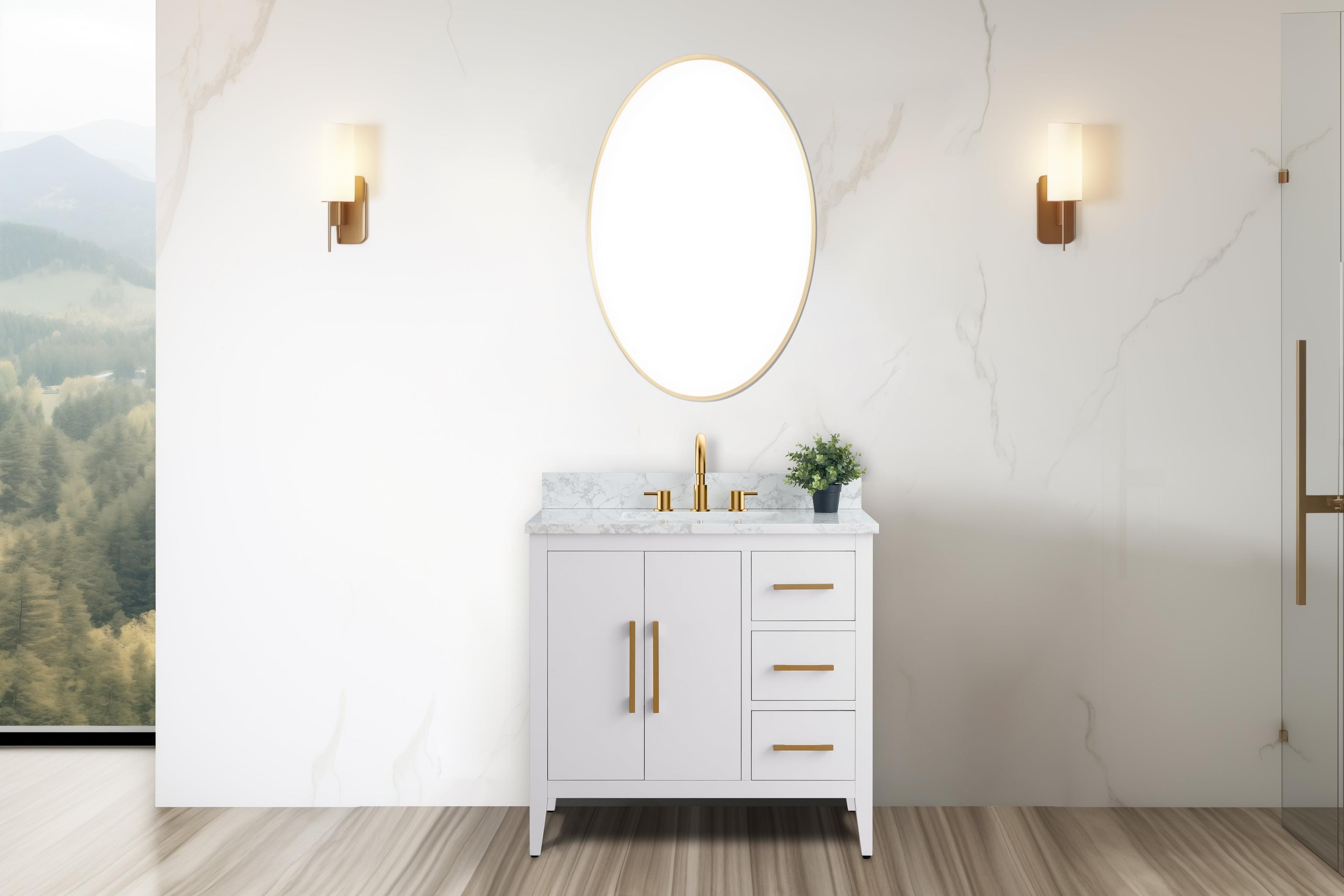 White and Gold 36" Single Bathroom Vanity with Ceramic Sink