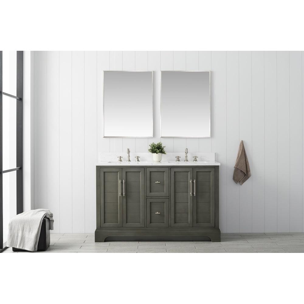 Vanity Art 54 Inch Double Sink Bathroom Vanity in Silver Grey with Ceramic Sink and Engineered Marble Top | Undermount Rectangular Sink Dovetailed Drawers, No Mirror VA5054-SG