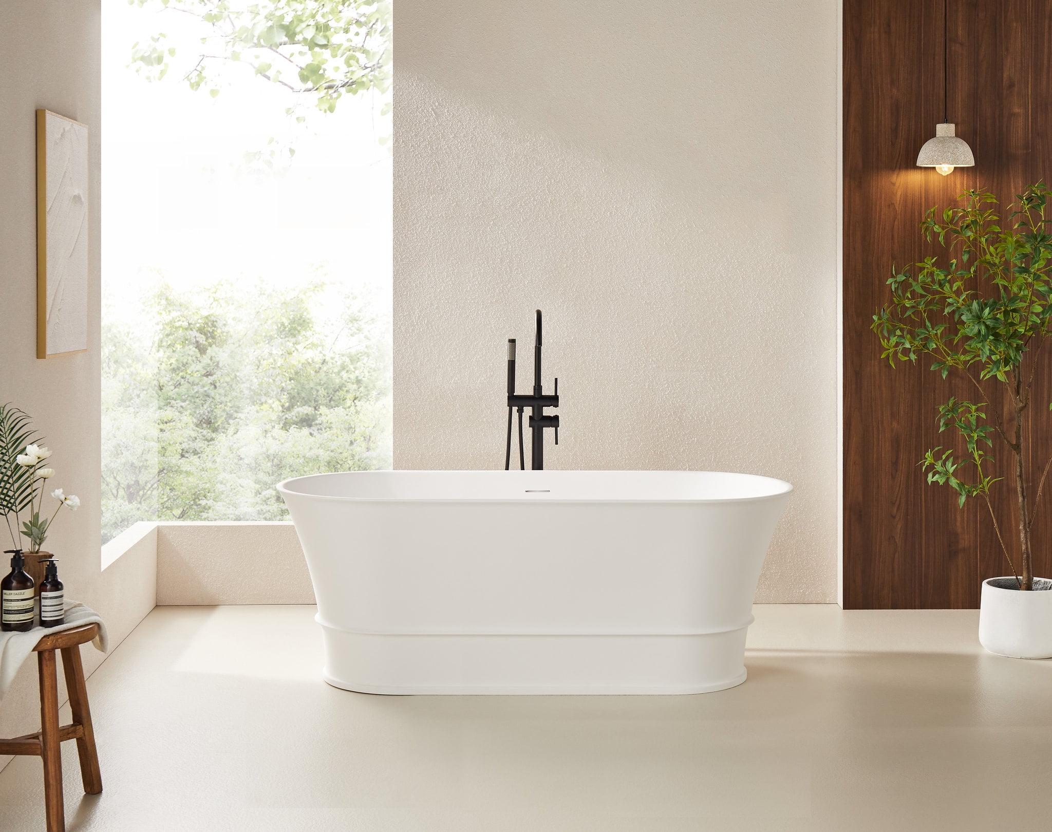 59" x 27.5" Freestanding Soaking Stone Resin Bathtub with Pure White Overflow and Pop Up Drain