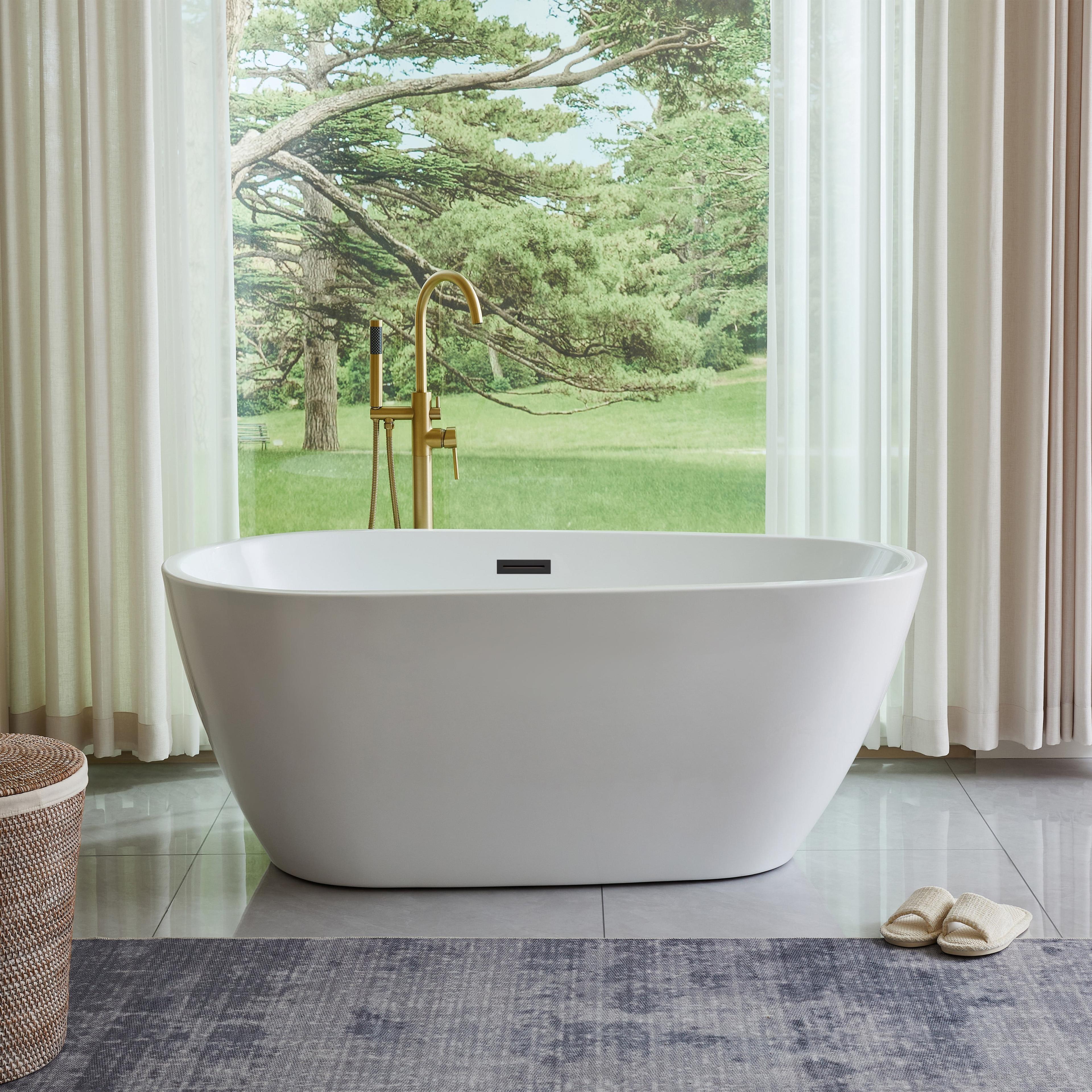 White Acrylic Freestanding Soaking Bathtub with Matte Black Overflow