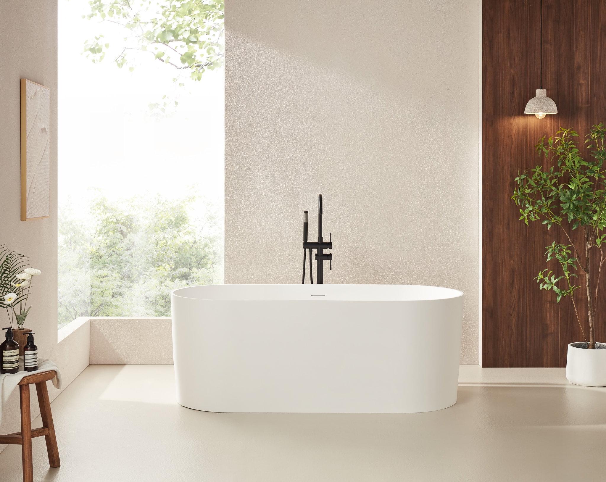 59" Matte White Stone Resin Freestanding Soaking Bathtub with Pop Up Drain