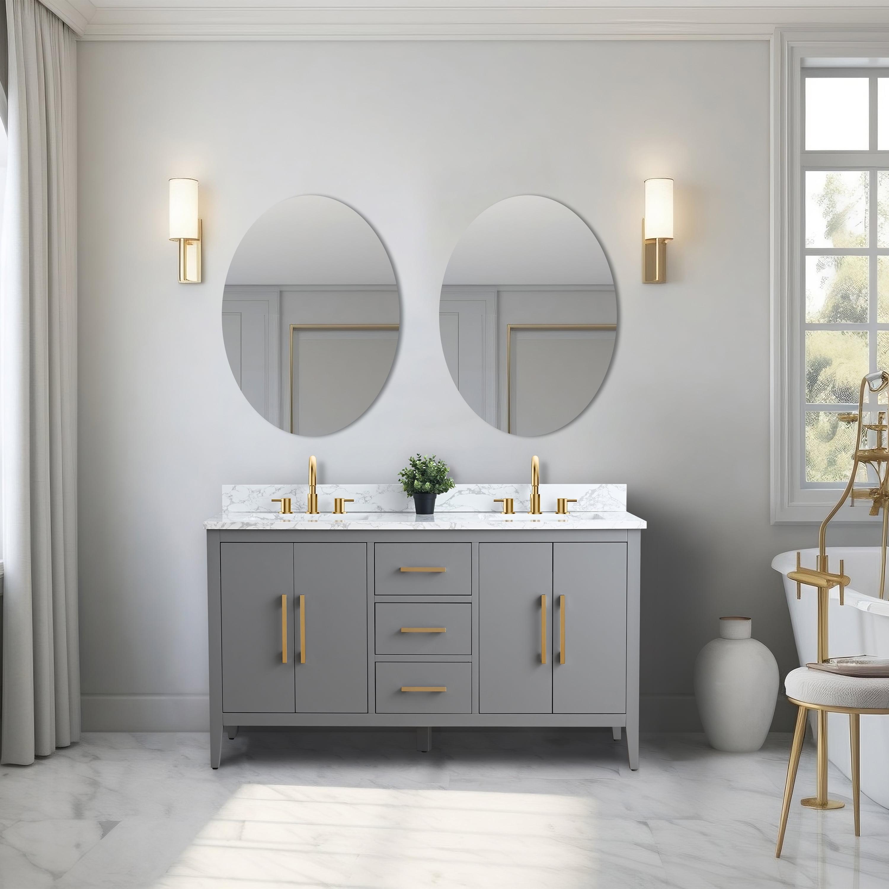 60" Cashmere Gray Double Sink Vanity with Gold Hardware and Marble Top