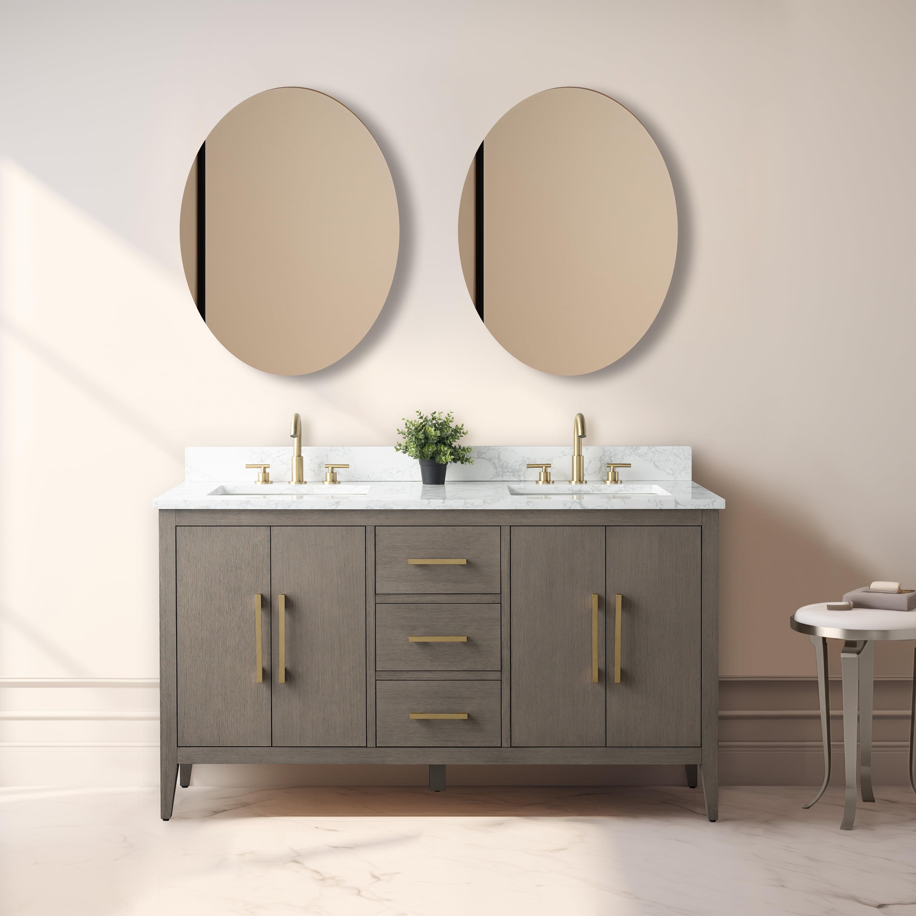 60" Driftwood Gray Double Sink Bathroom Vanity with Marble Countertop