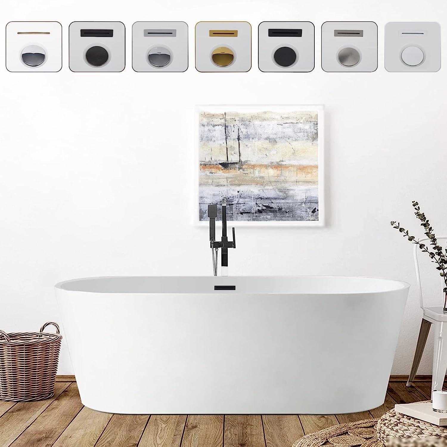 White Acrylic Freestanding Soaking Bathtub with Matte Black Overflow