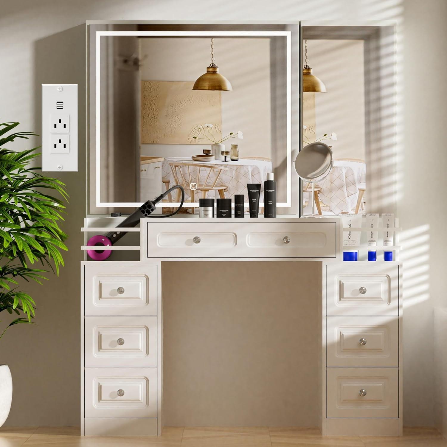 Ivy Bronx Vanity Desk With Mirror And Lights, Makeup Vanity With Charging Station & 7 Drawers, White Vanity With 2 Fences, Dressing Table With Hidden Cabinet, For Women Girls, Brightness Adjustable