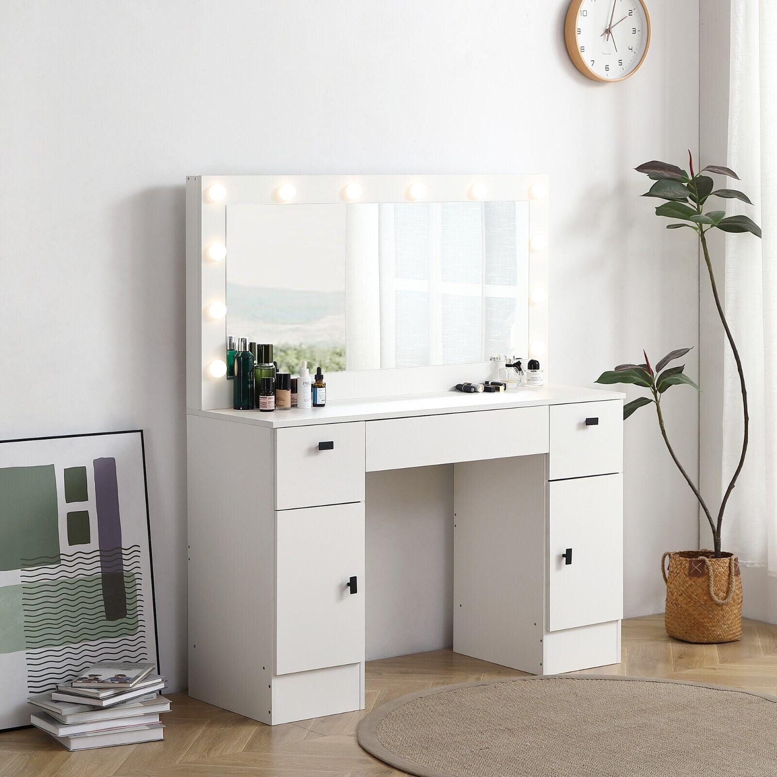 White Particle Board Vanity Desk with Lighted Mirror and Storage Cabinets