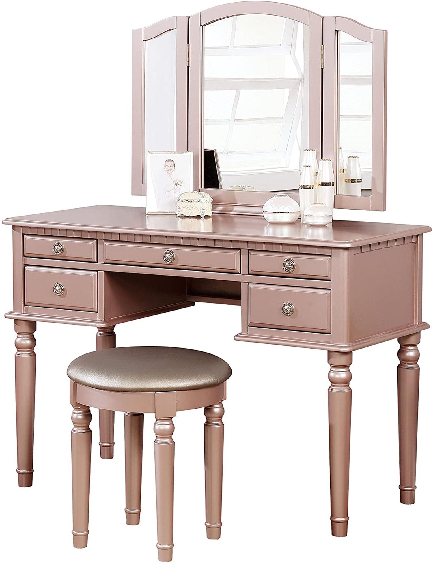 Poundex Furniture Wood Vanity Set with Mirror and Stool in Pink Rose Gold Color