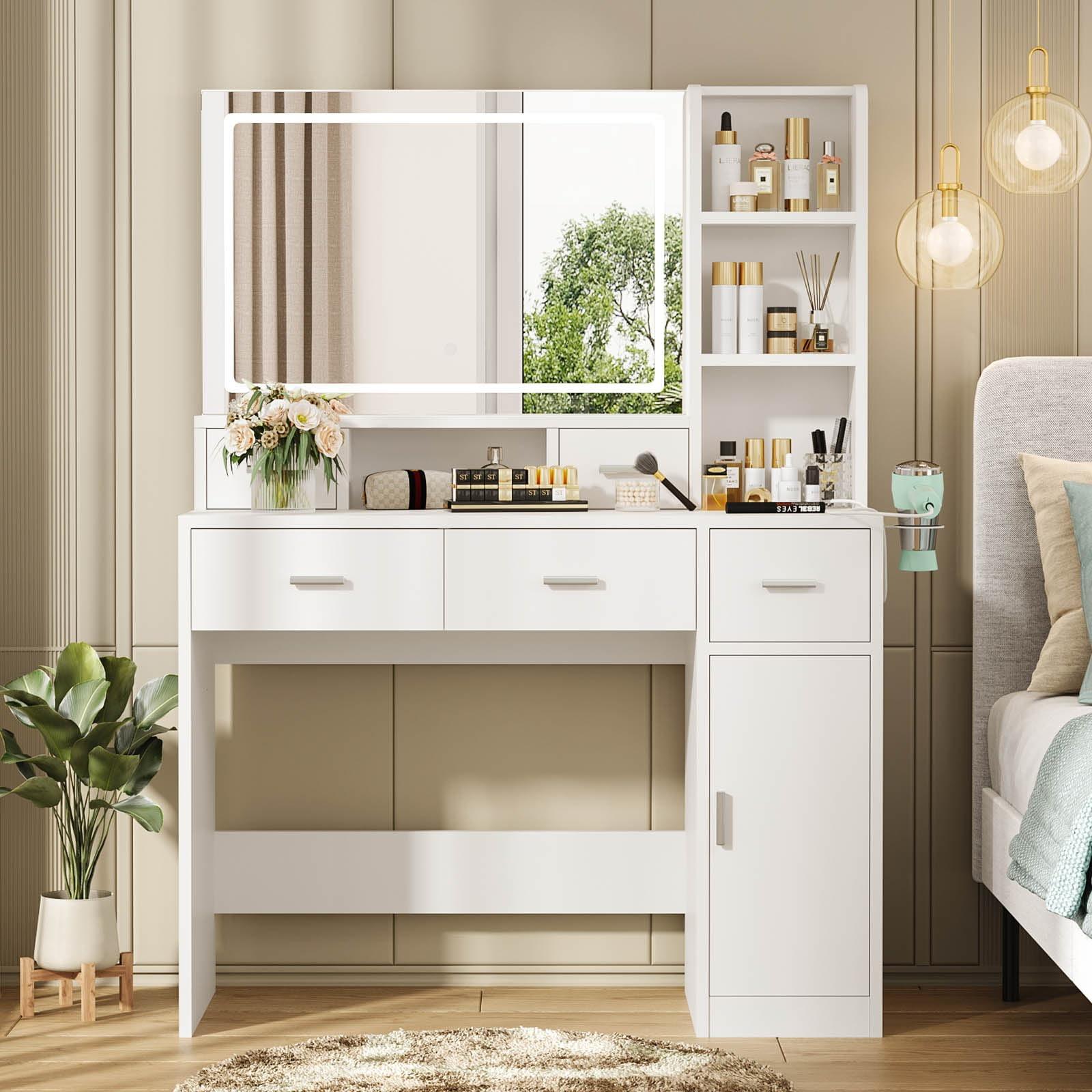 Vanity Desk with Large LED Mirror, Large Vanity Table with Charging Station, Makeup Vanity Desk with Drawers for Bedroom Dressing Room, Women Girls