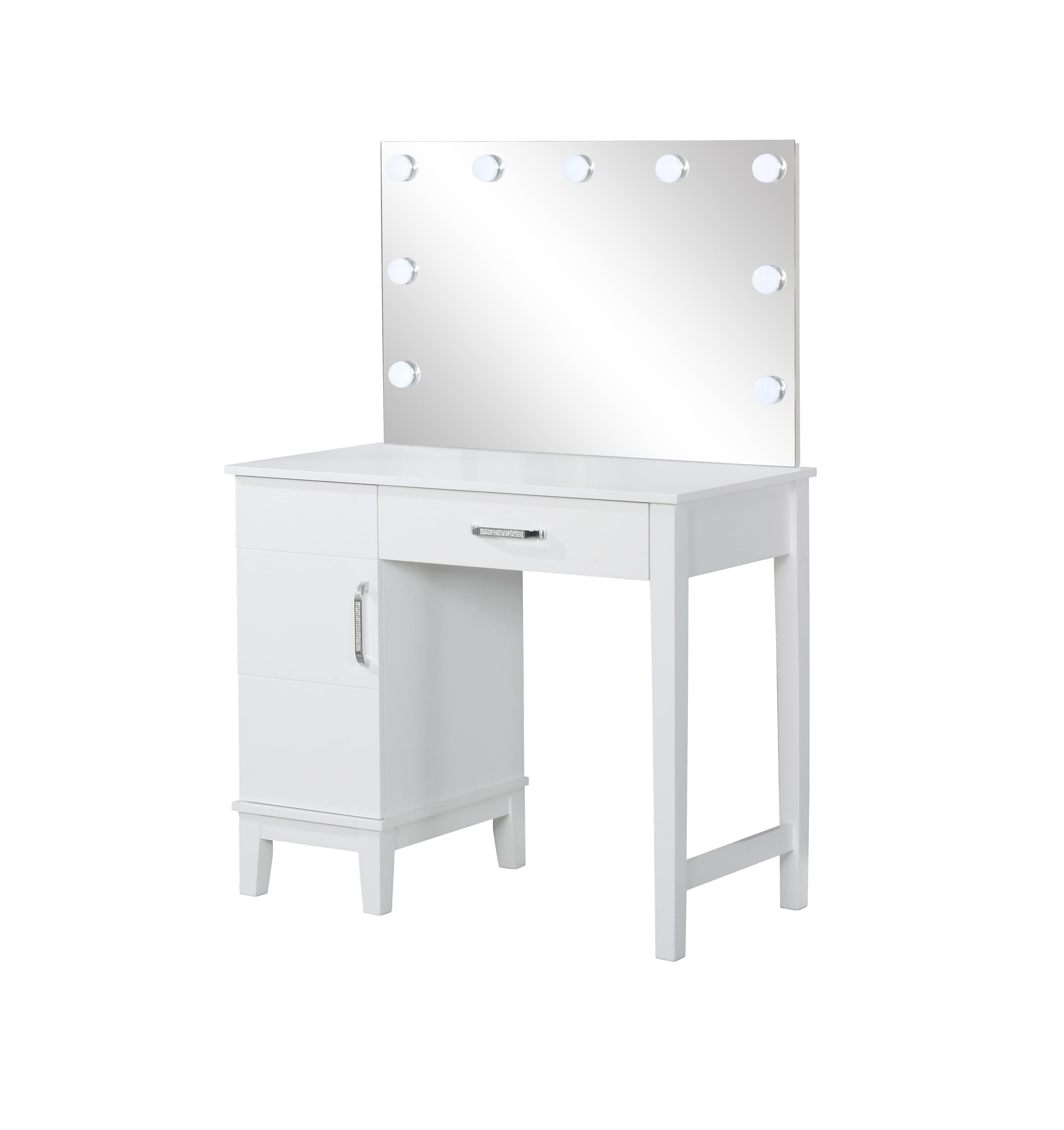 White and Dark Gray Vanity Set with LED Lights and Bench