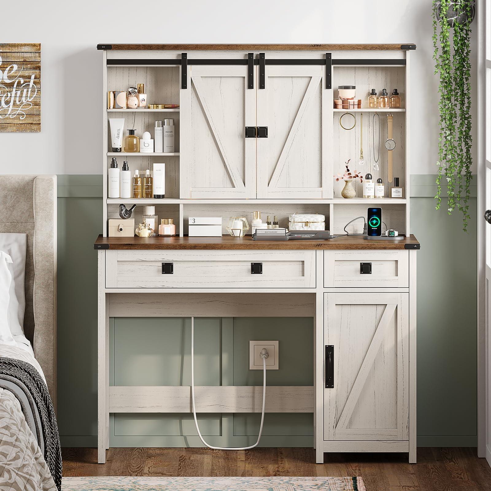 Farmhouse White Makeup Vanity with Lights and Barn Doors