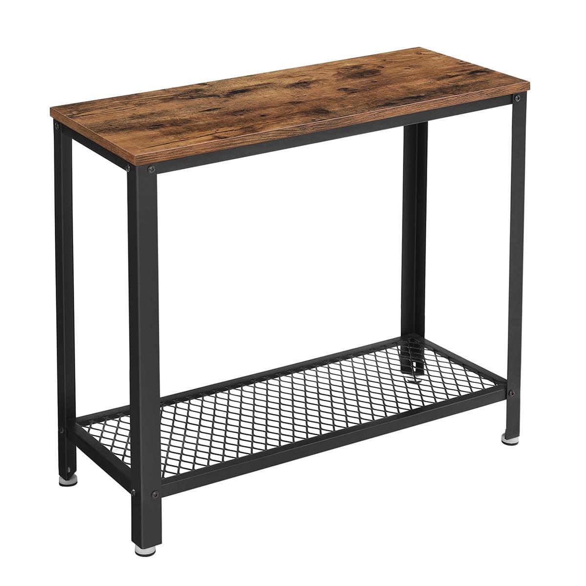 Rustic Brown Industrial Side Table with Mesh Shelf