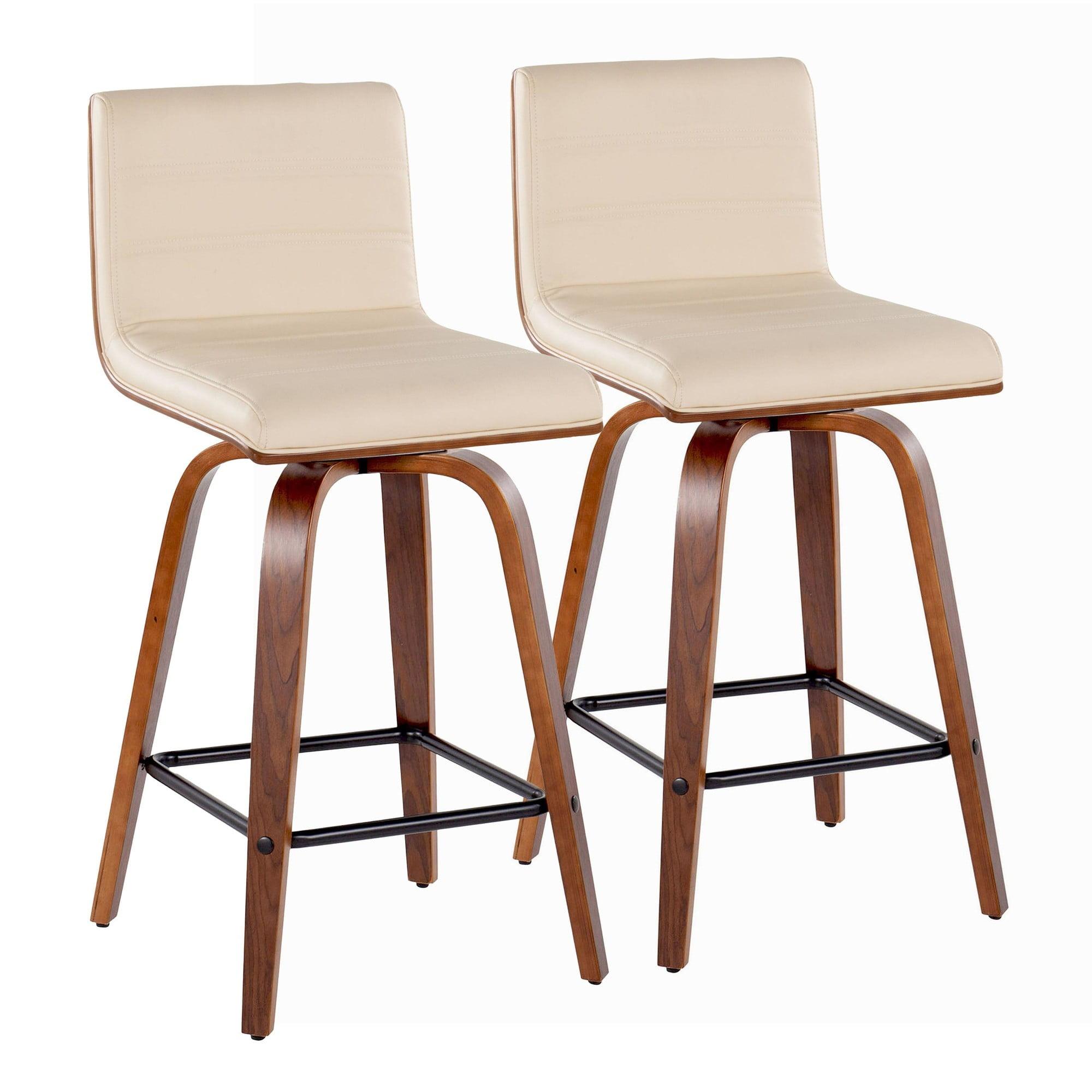 Cream Faux Leather Swivel Counter Stools with Walnut Wood