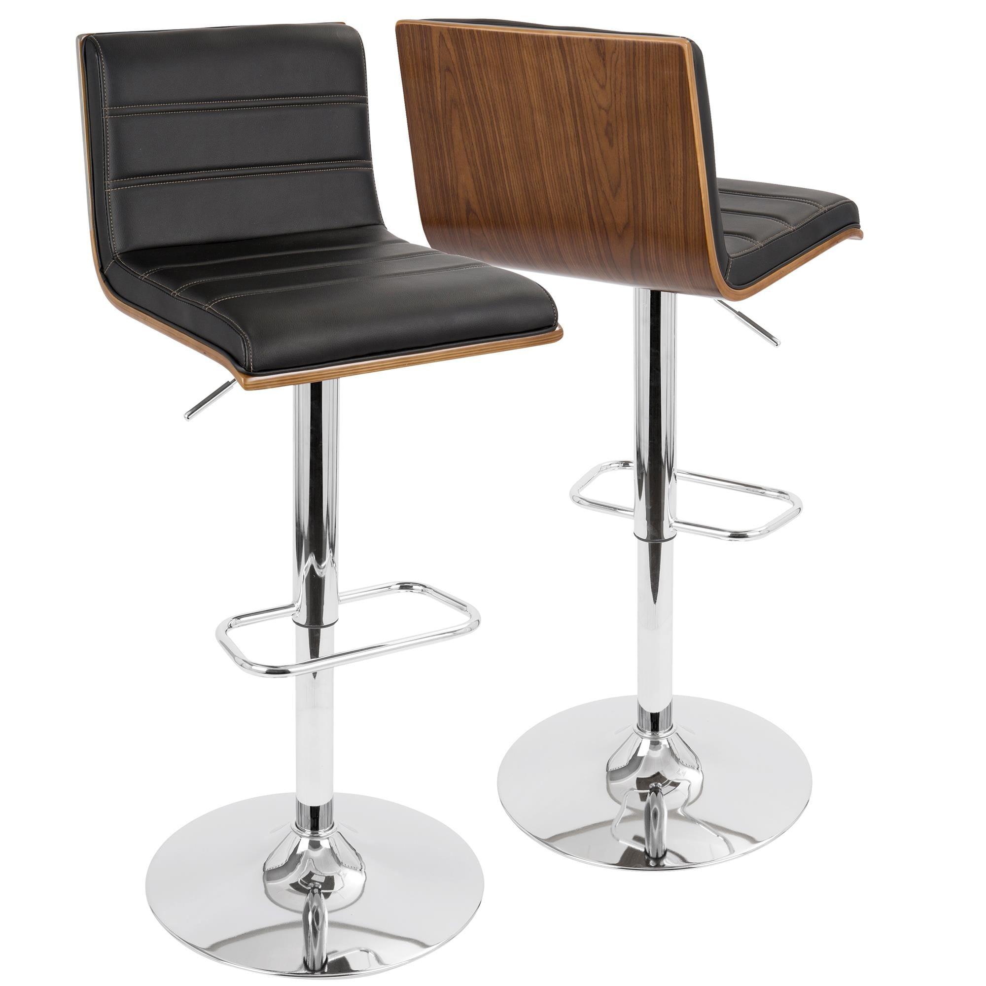 Vasari Adjustable Black Leather and Walnut Swivel Bar Stool