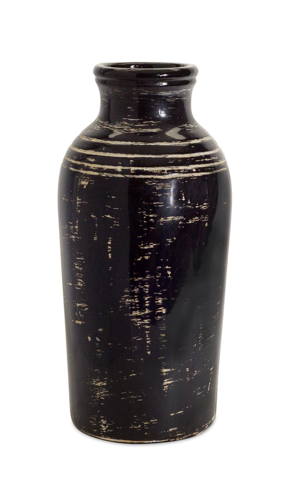 Distressed Black and Ivory Striped Ceramic Decorative Vase 18"