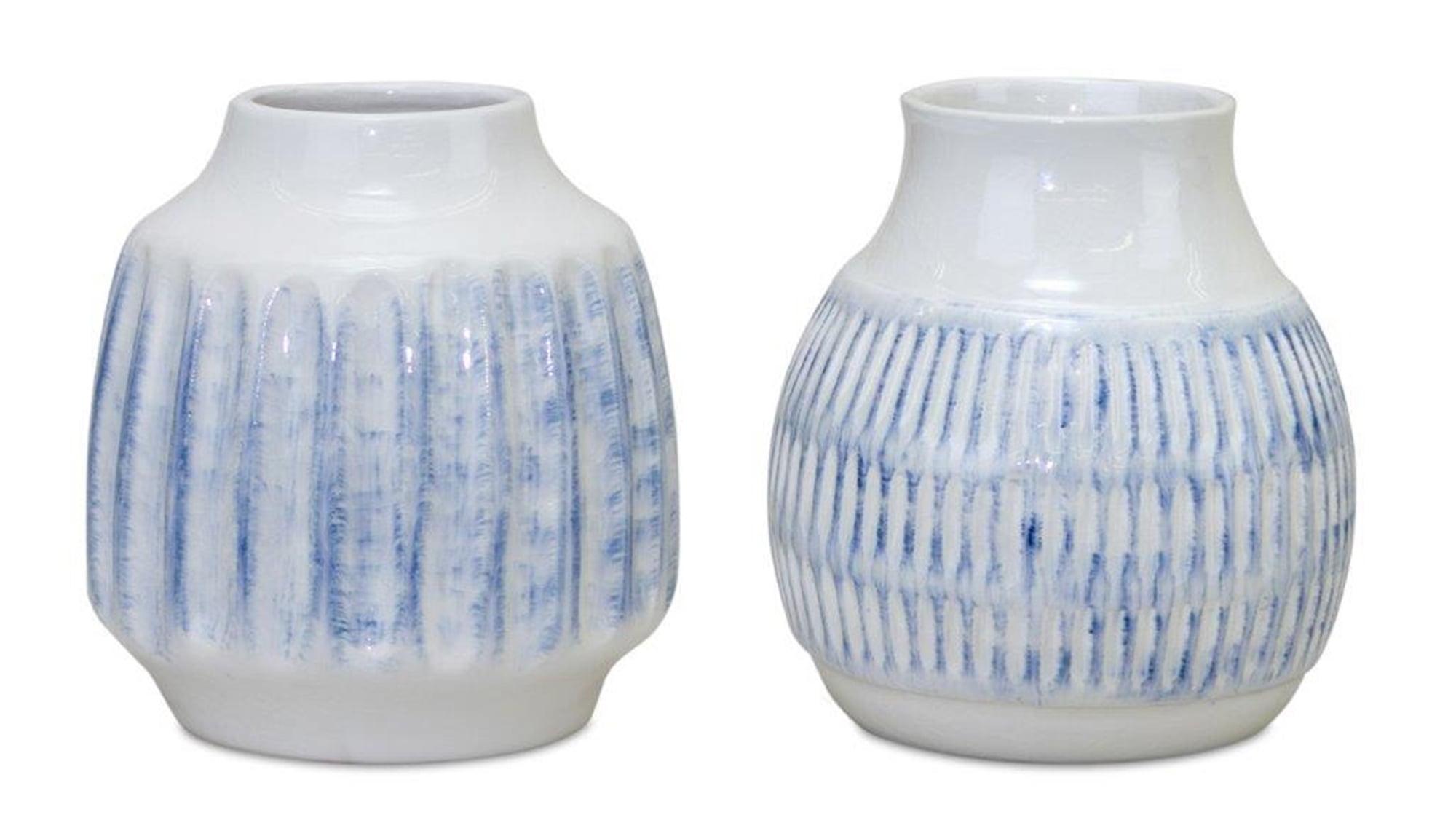 Soft Blue & White Glazed Ceramic Vase Set 6" Trio