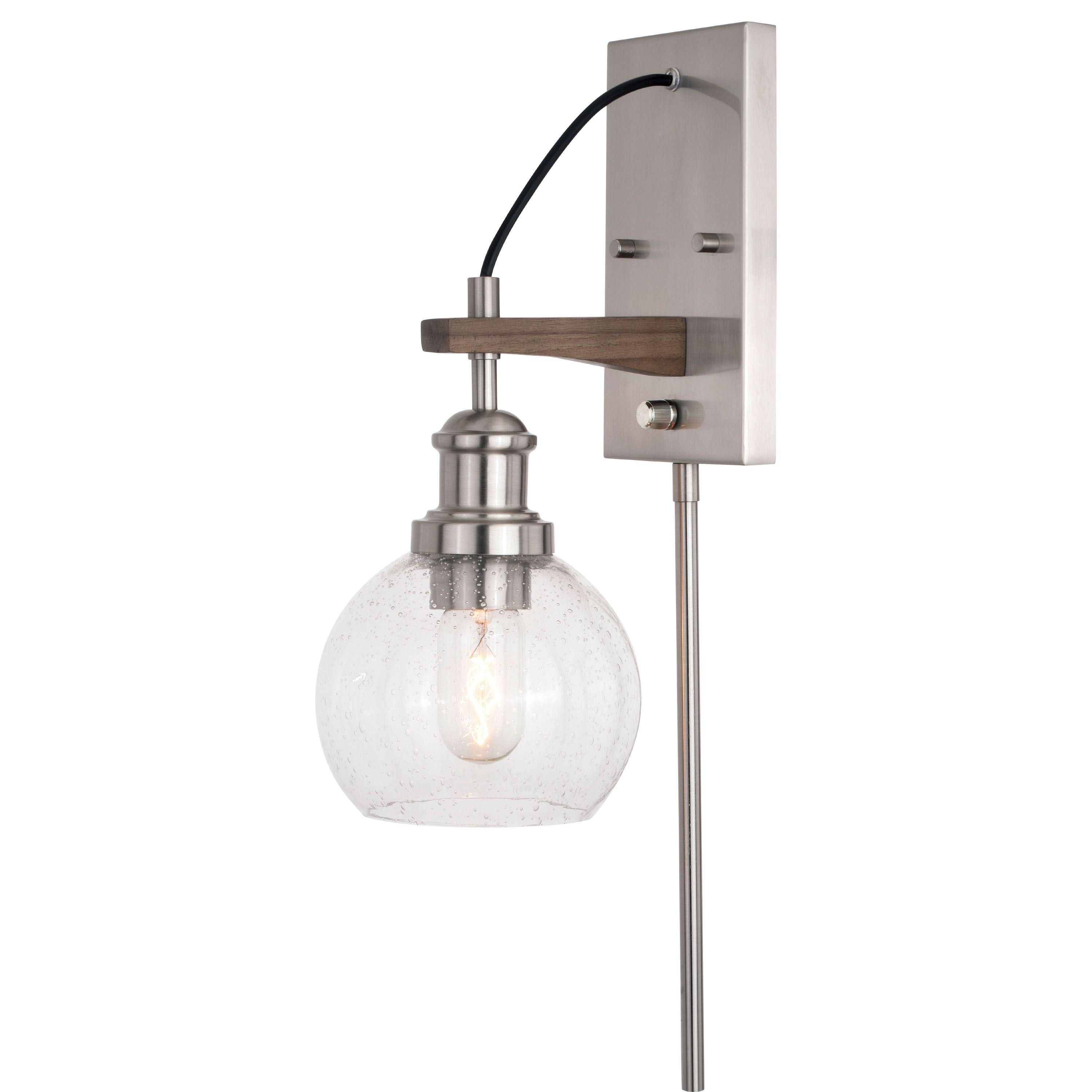 Avondale Rustic Wood & Satin Nickel Dimmable Sconce with Seeded Glass Globe