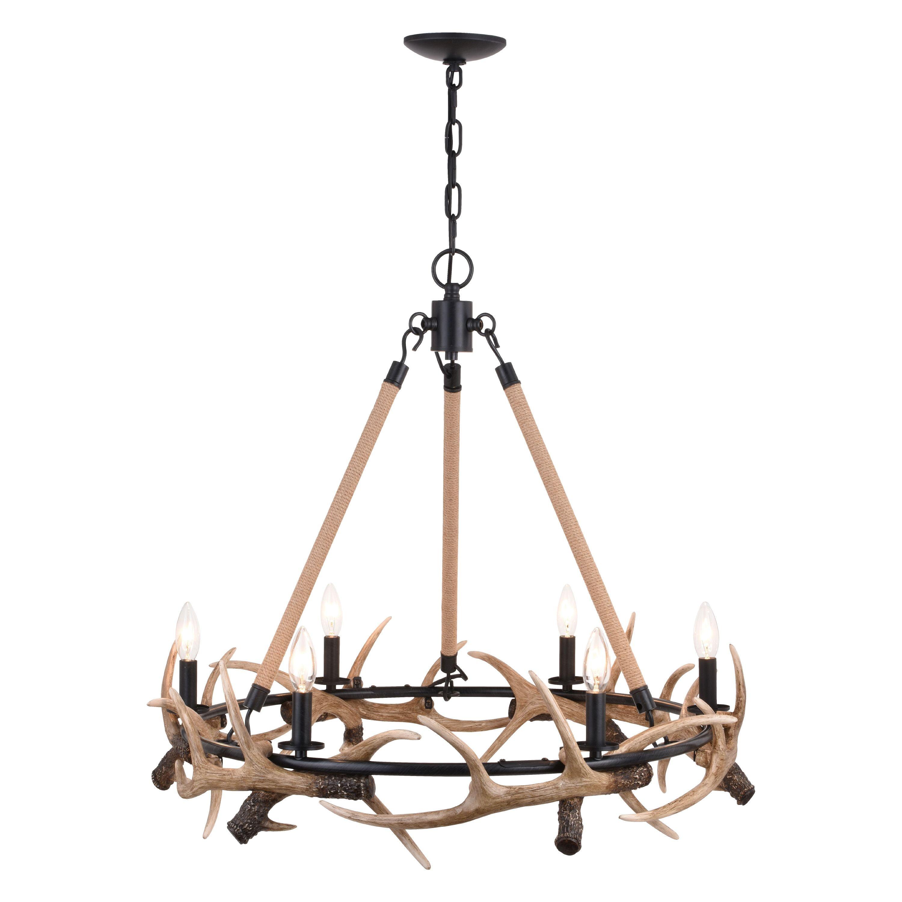 30.5 in. Breckenridge 6 Light Antler Chandelier, Aged Iron with Natural Rope